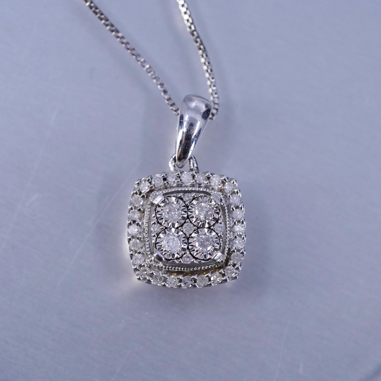 18”, vintage Sterling 925 silver circle necklace with diamond sapphire pendants