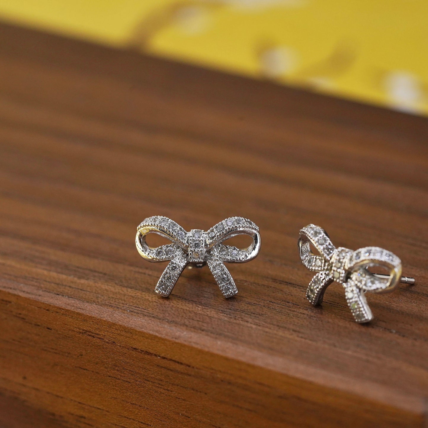 Vintage Sterling silver cluster clear crystal ribbon bow tie studs, cz earrings