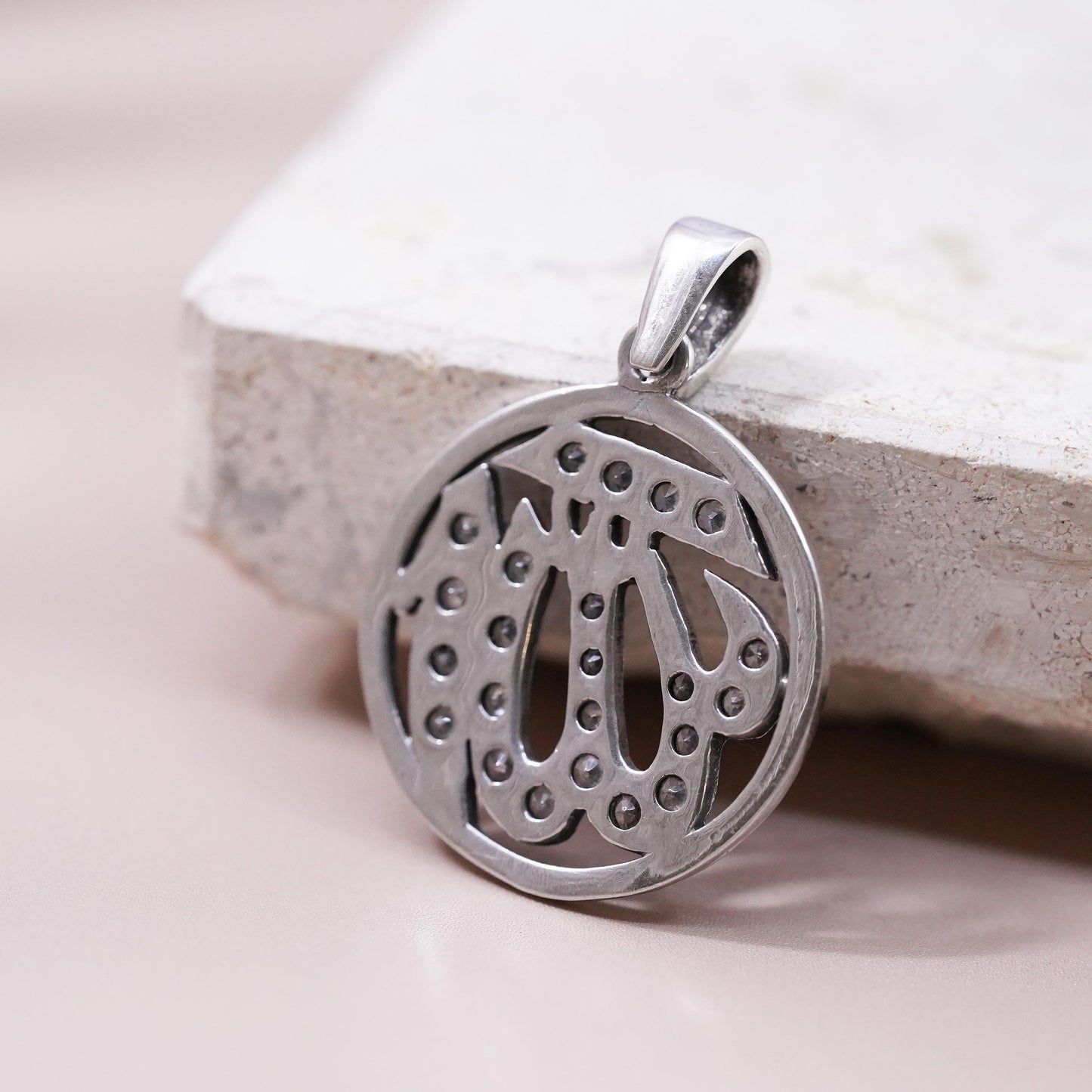 Vintage sterling silver religious symbol charm, 925 initial "WI” pendant with cz