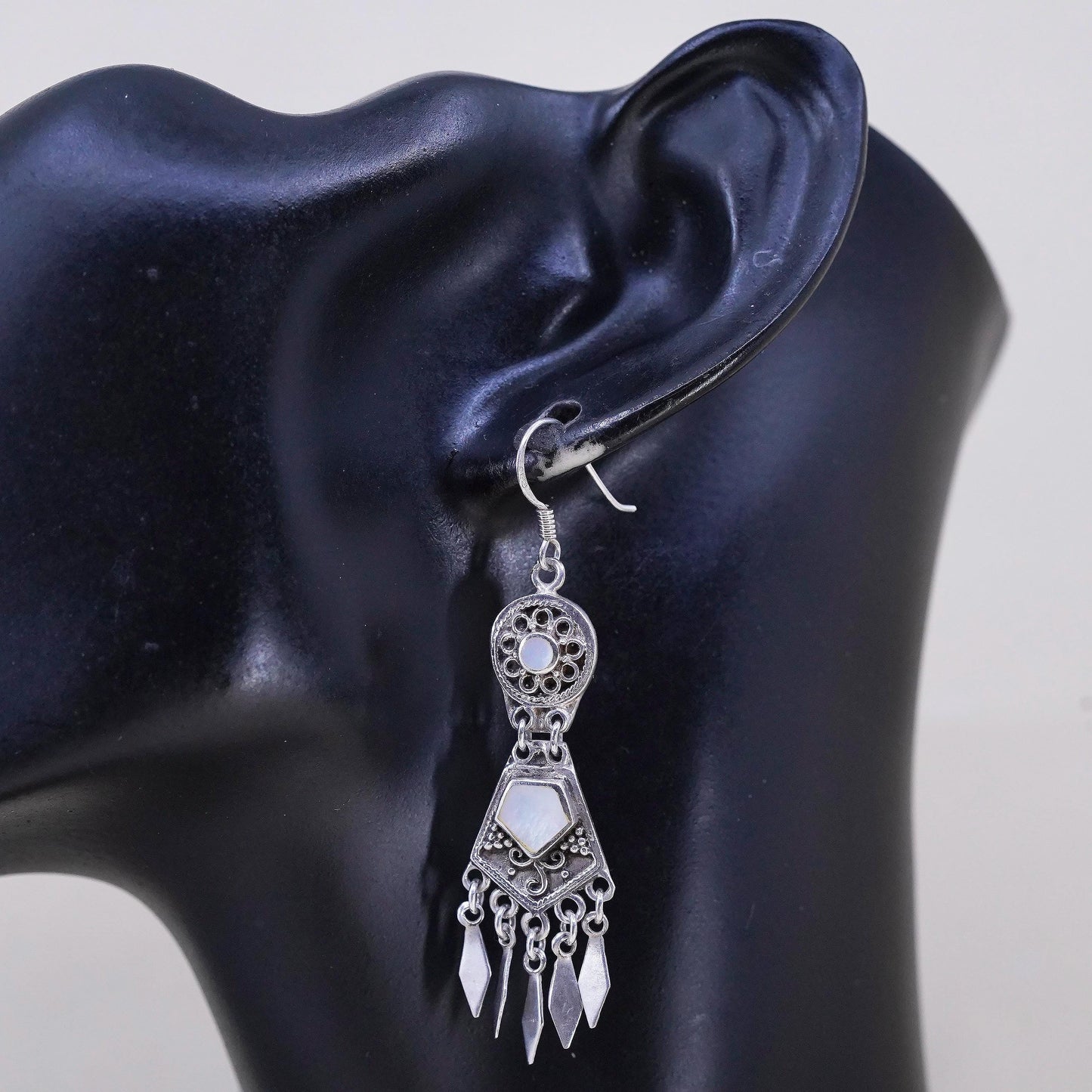 Vintage southwestern 925 Sterling silver earrings mother of pearl inlay fringes