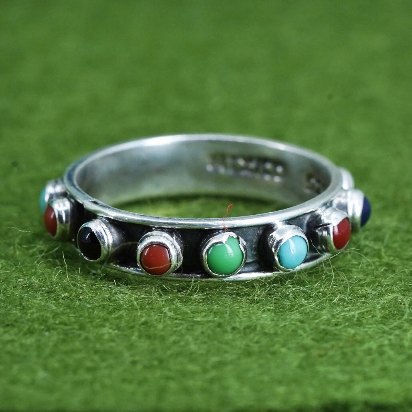 Size 9, Mexico sterling silver ring, southwestern 925 stackable band gemstones