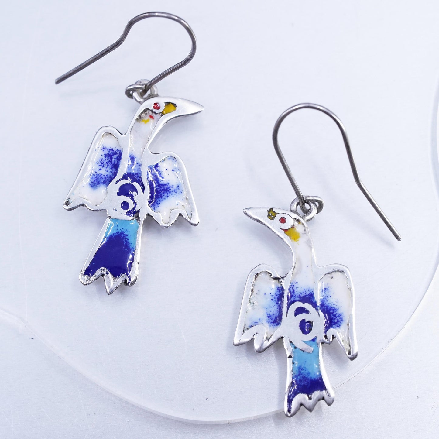 Vintage Designer Sterling 925 silver handmade bird earrings with enamel inlay