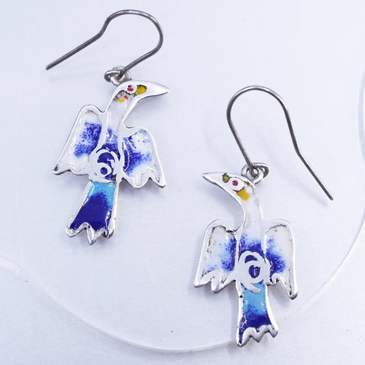 Vintage Designer Sterling 925 silver handmade bird earrings with enamel inlay