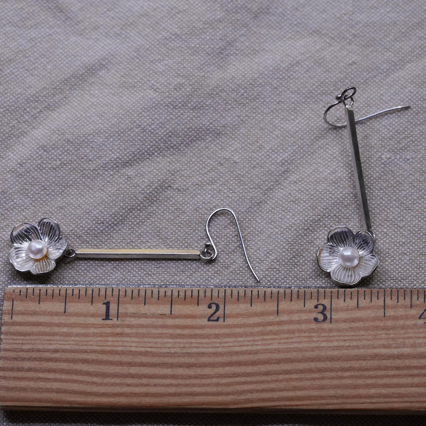 Vintage Sterling silver handmade earrings, 925 flower dangles with pearl