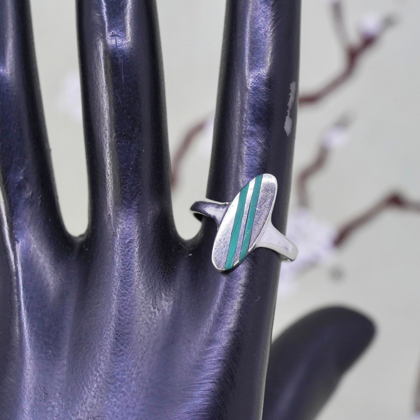 Size 7.75, Sterling silver ring, geometric 925 silver with malachite inlay