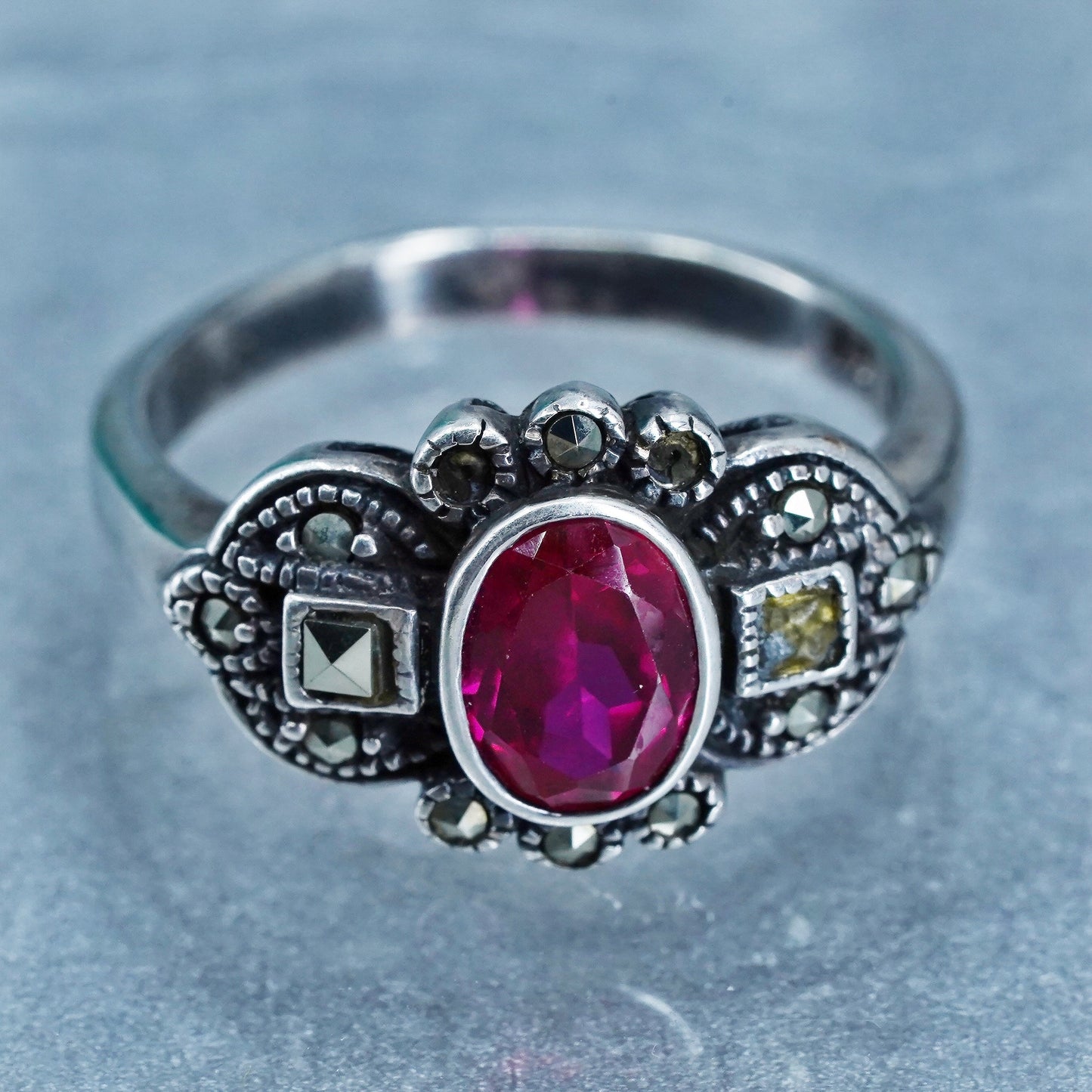 Size 9.5, Sterling 925 silver handmade statement ring with ruby and marcasite