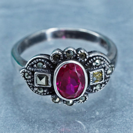 Size 9.5, Sterling 925 silver handmade statement ring with ruby and marcasite