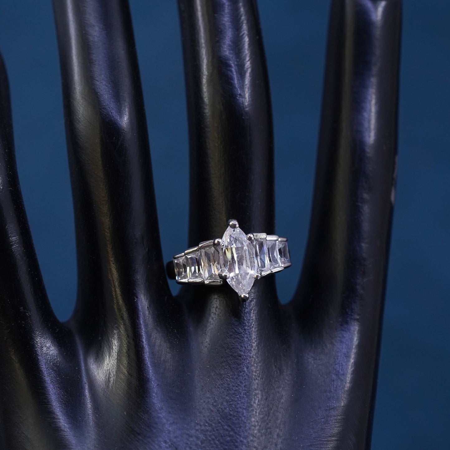 Size 8, vintage Sterling 925 silver engagement ring with cluster Cz around