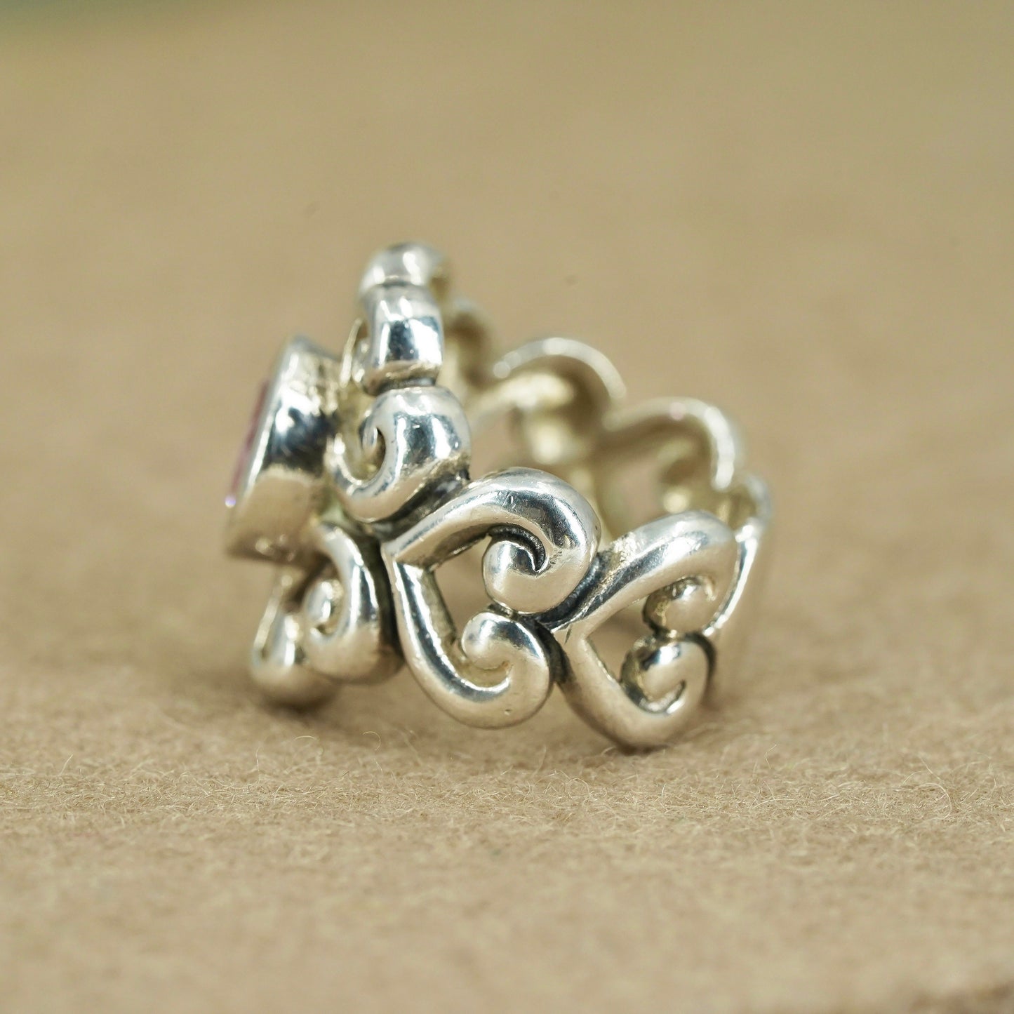 Size 7, VTG Barse Sterling 925 silver ring, filigree swirly band with pink cz