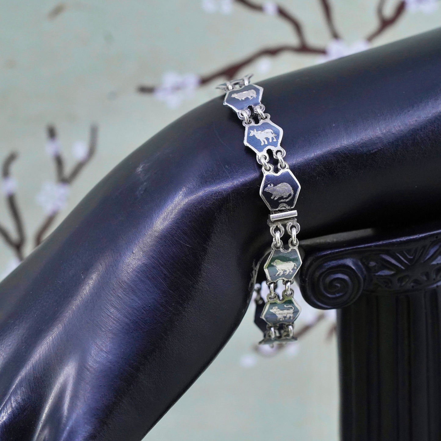 6.25”, Indian Siam sterling silver bracelet, 925 disc engraved 12 animal zodiac