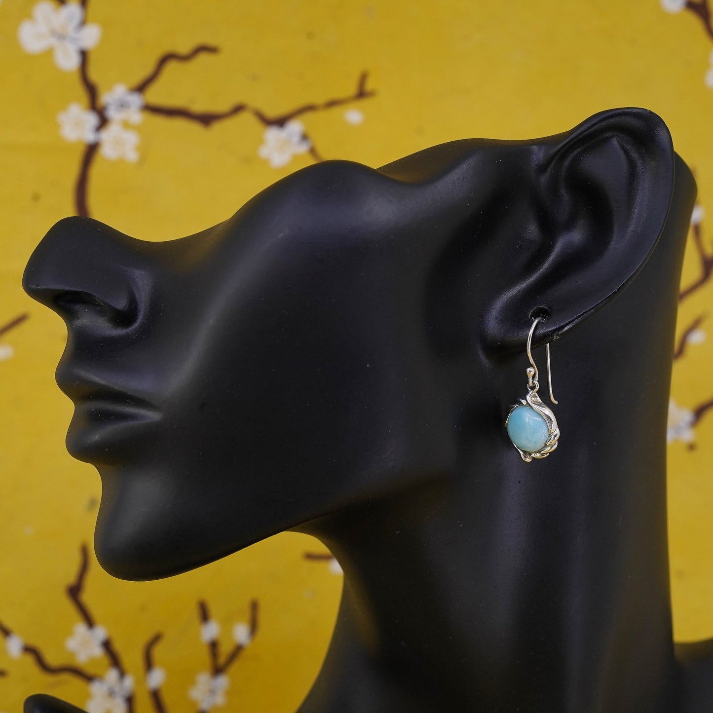 Vintage Sterling 925 silver handmade earrings with round Larimar