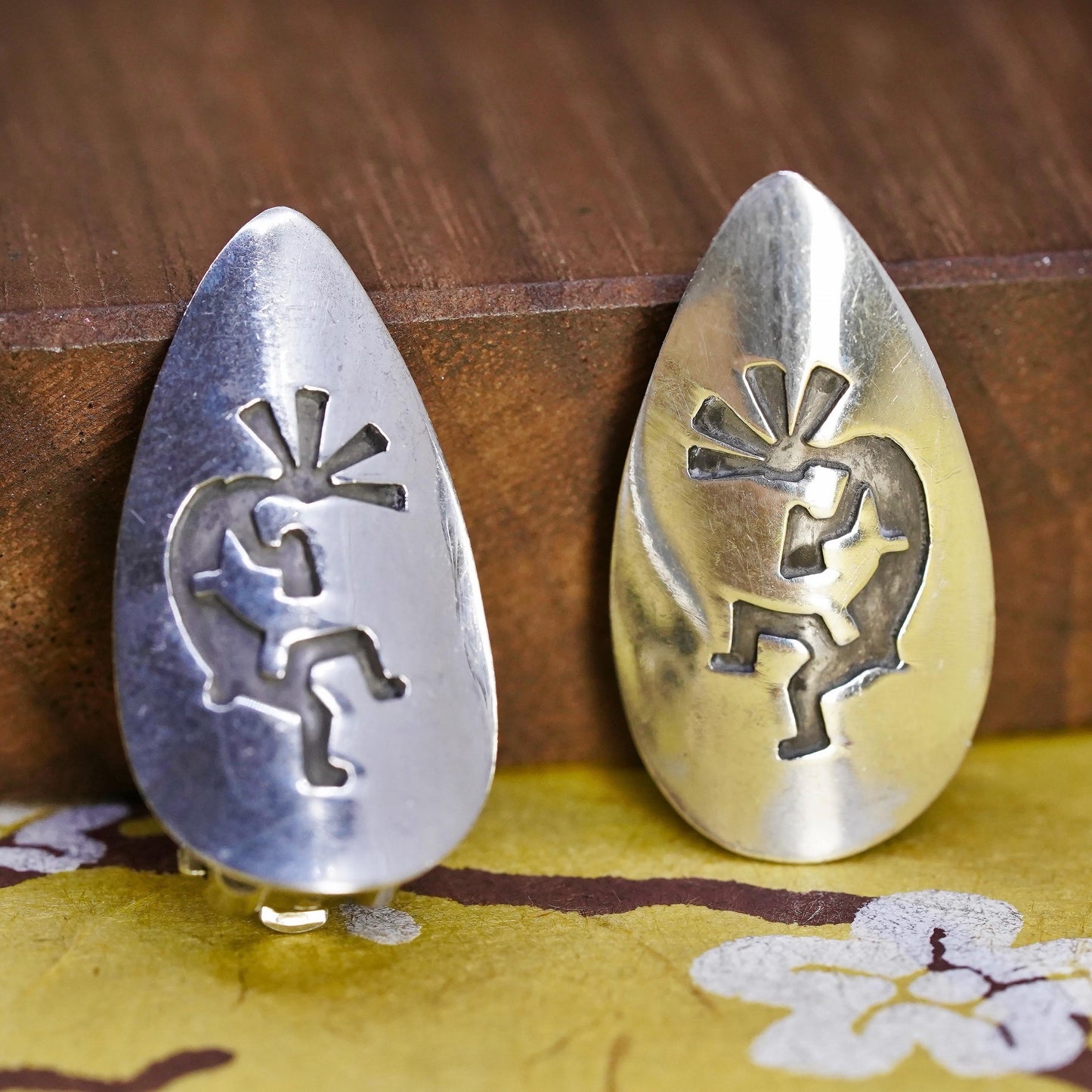 Native American Sterling 925 silver teardrop earrings, Kokopelli clip on