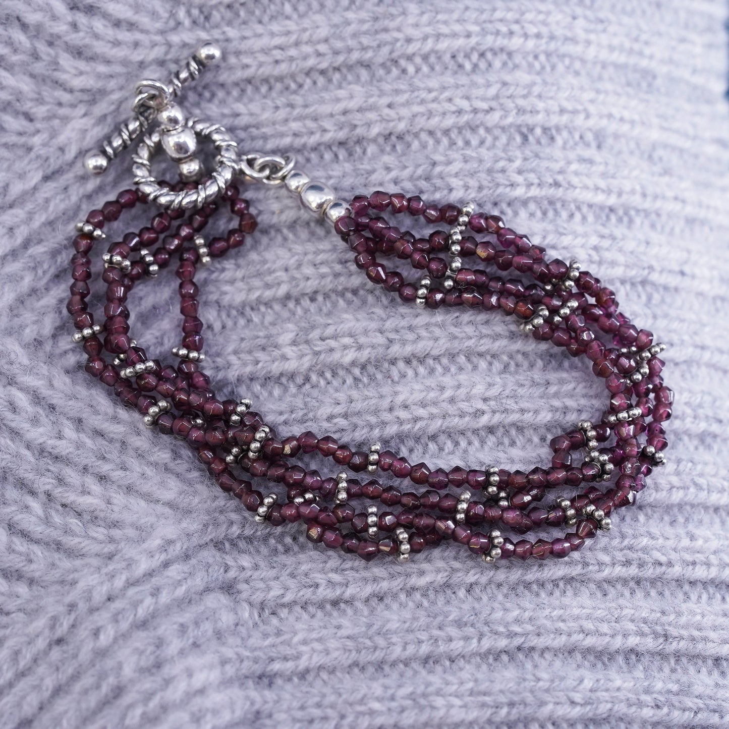 7”, sterling 925 silver handmade bracelet, multi strands garnet beads chain