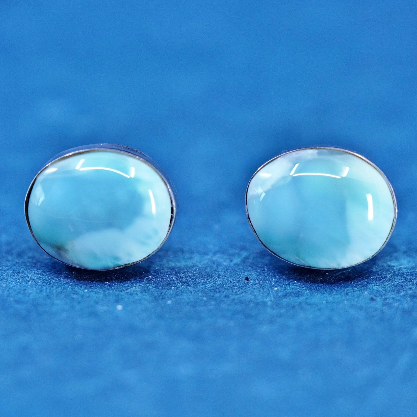 Vintage sterling silver handmade earrings, 925 oval studs with larimar Inlay