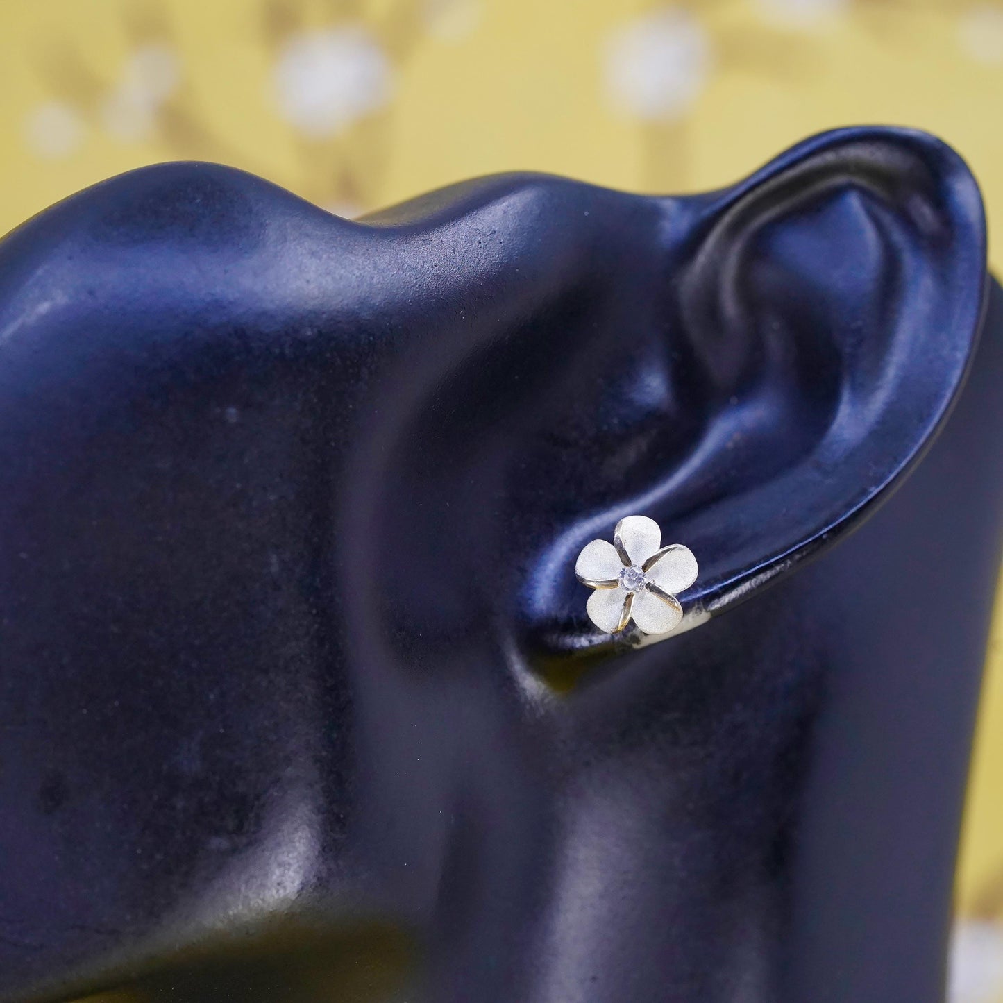 Vintage Sterling silver handmade earrings, 925 plumeria flower studs with cz