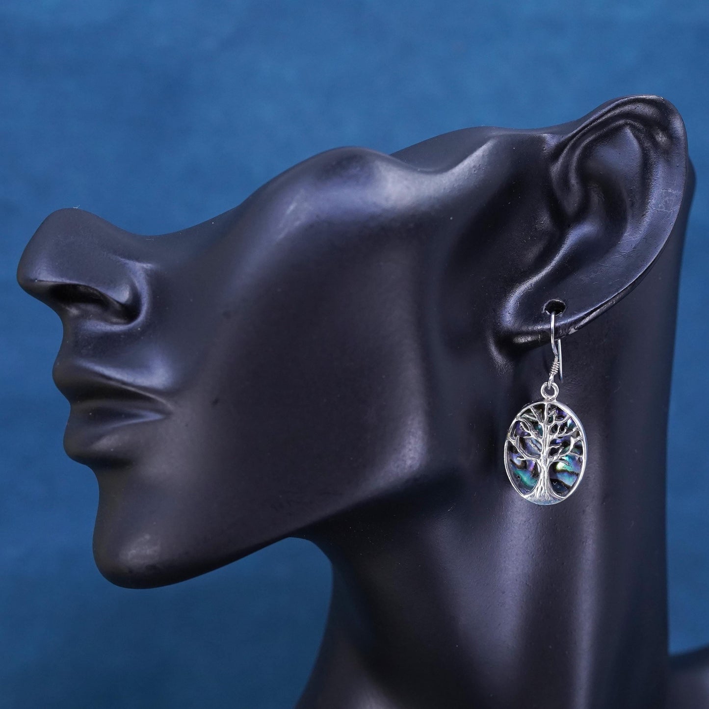 Vintage Sterling Silver 925 handmade oval tree earrings with abalone inlay