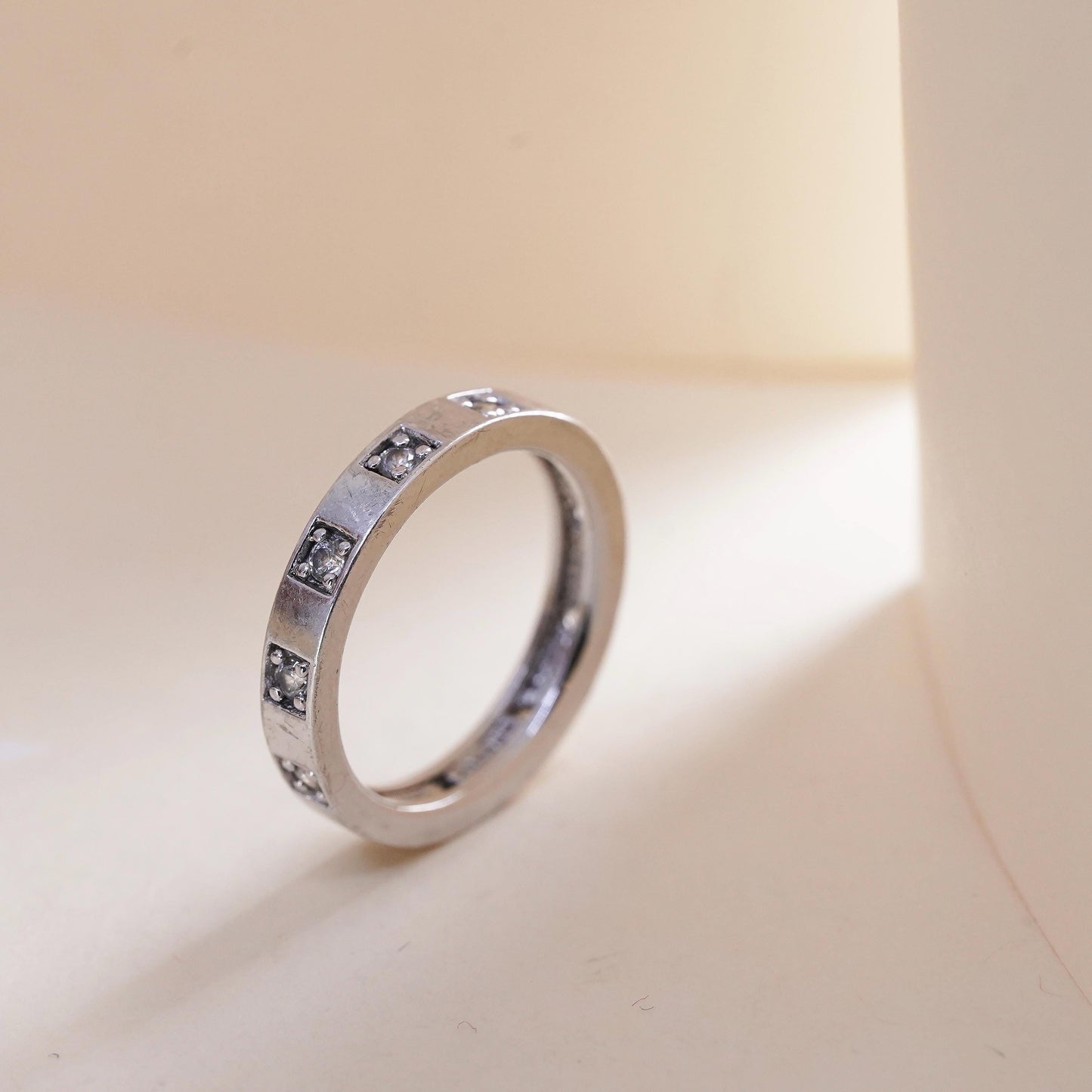 Size 7, vintage Sterling 925 silver stackable ring band with CZ