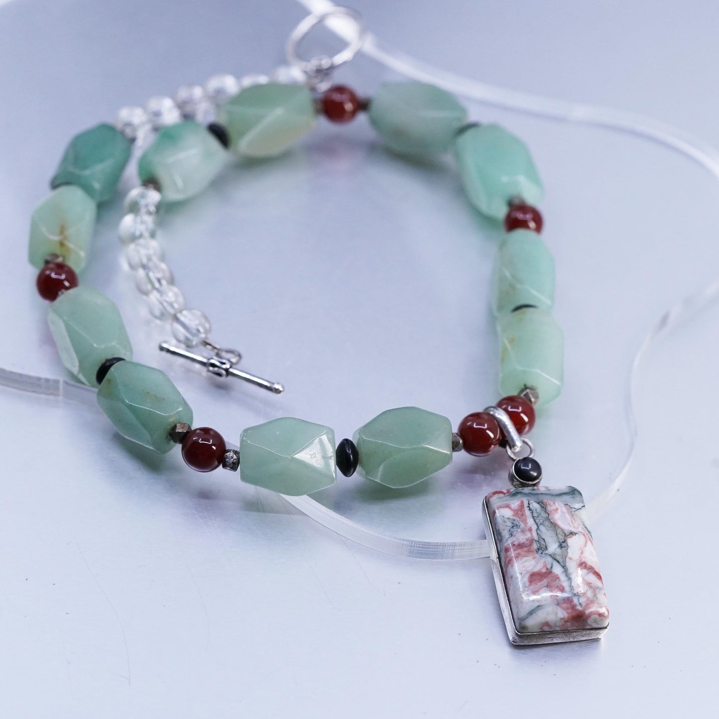 16” VTG Sterling 925 Silver Jade nugget carnelian beads necklace jasper pendant