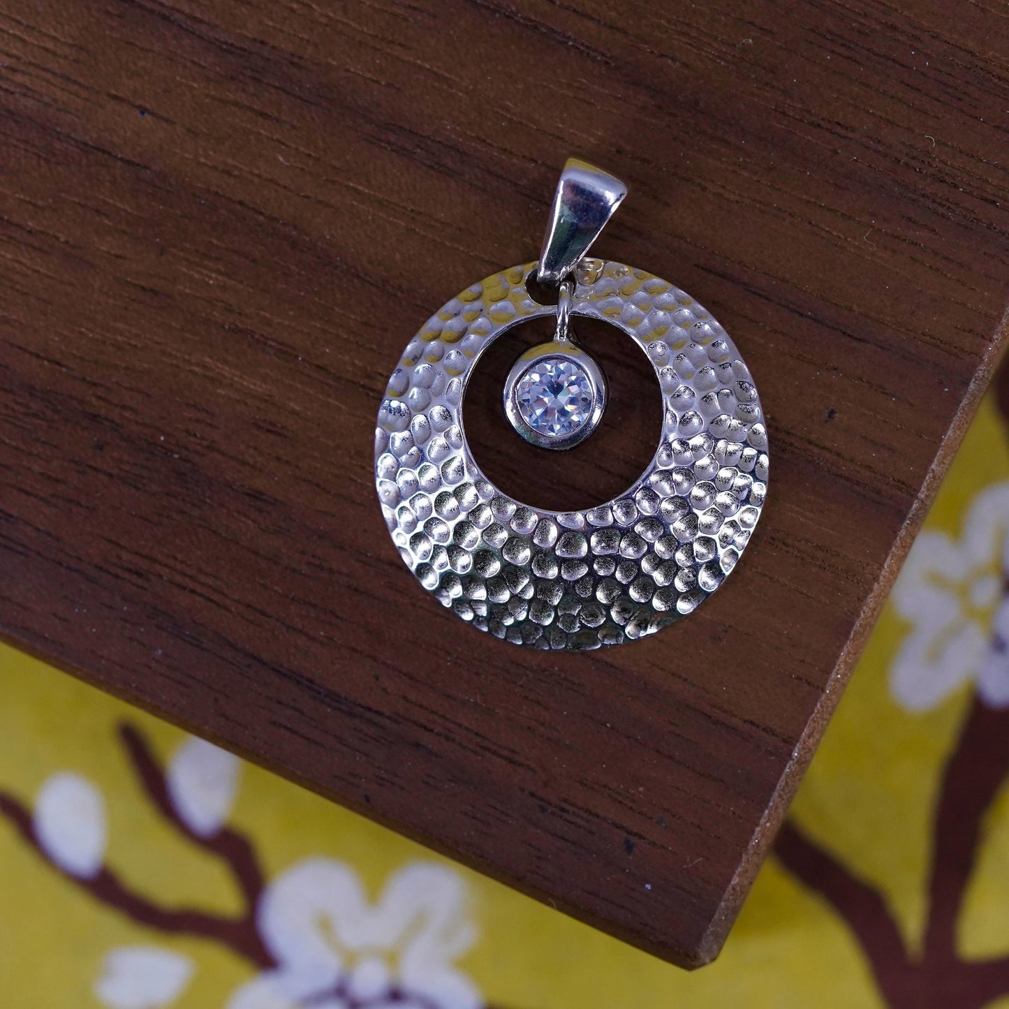 Vintage Sterling silver handmade pendant, 925 hammered circle charm with cz