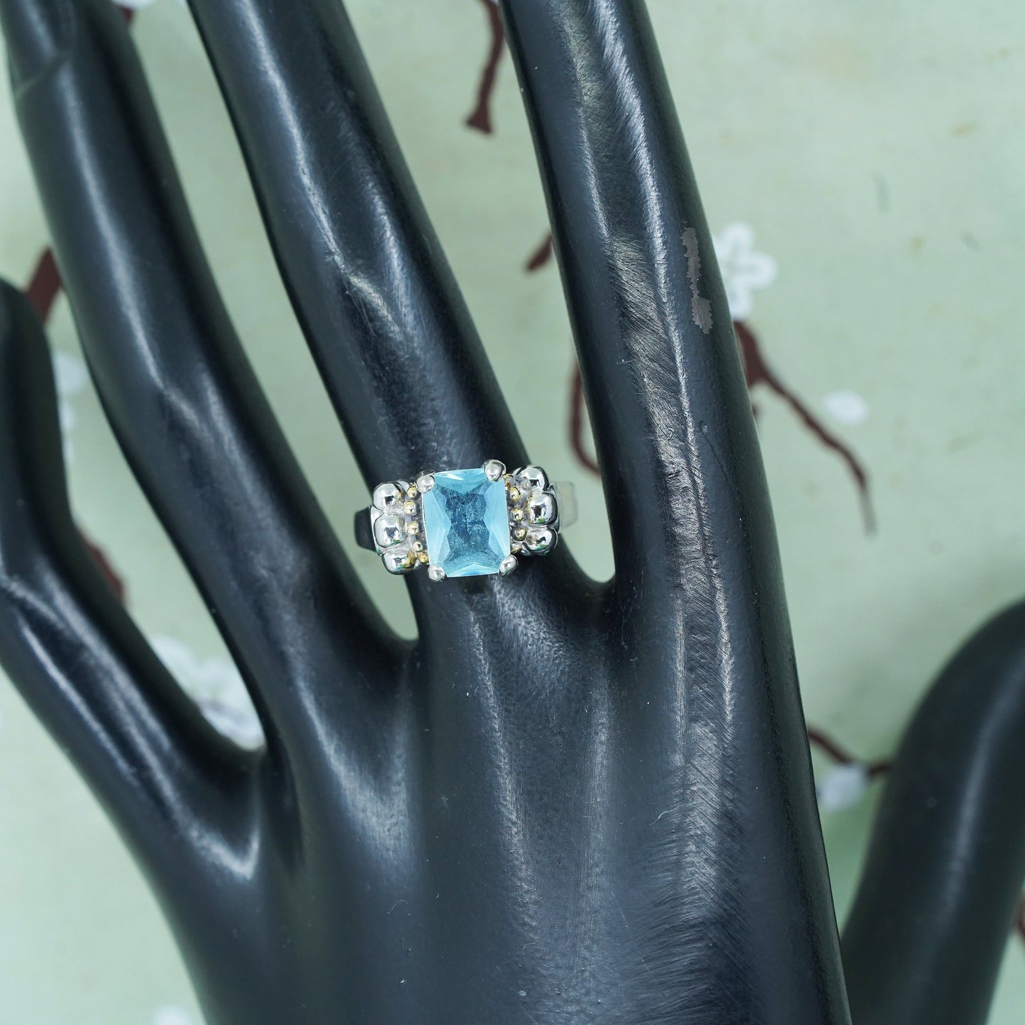 Size 7, two tone Sterling silver ring, 925 band topaz and 14K yellow gold beads