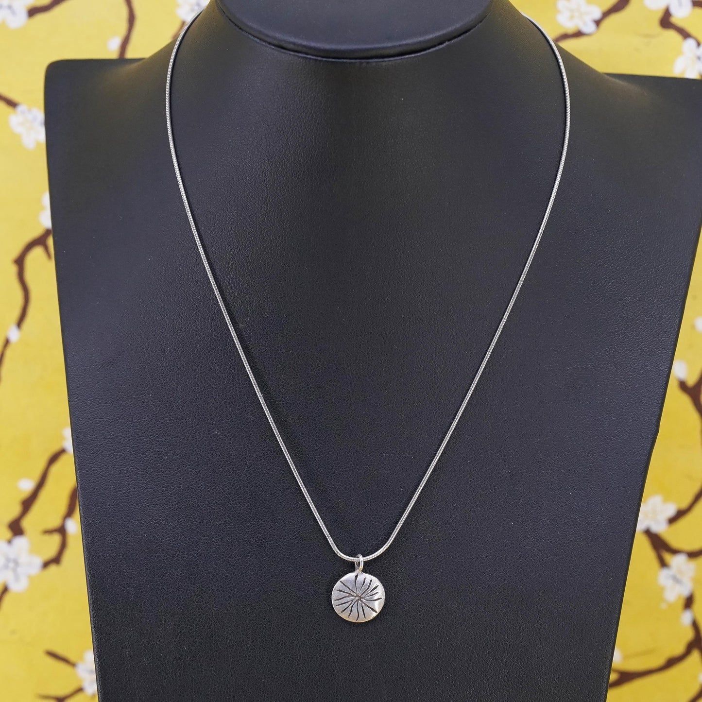 16”, vintage Sterling silver necklace, 925 snake chain sun circle tag pendant