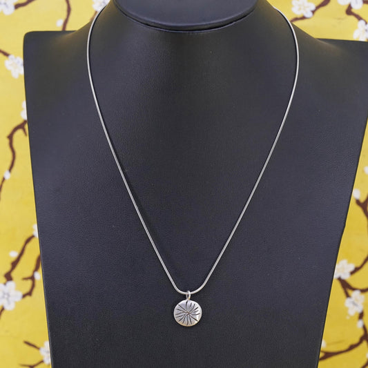 16”, vintage Sterling silver necklace, 925 snake chain sun circle tag pendant