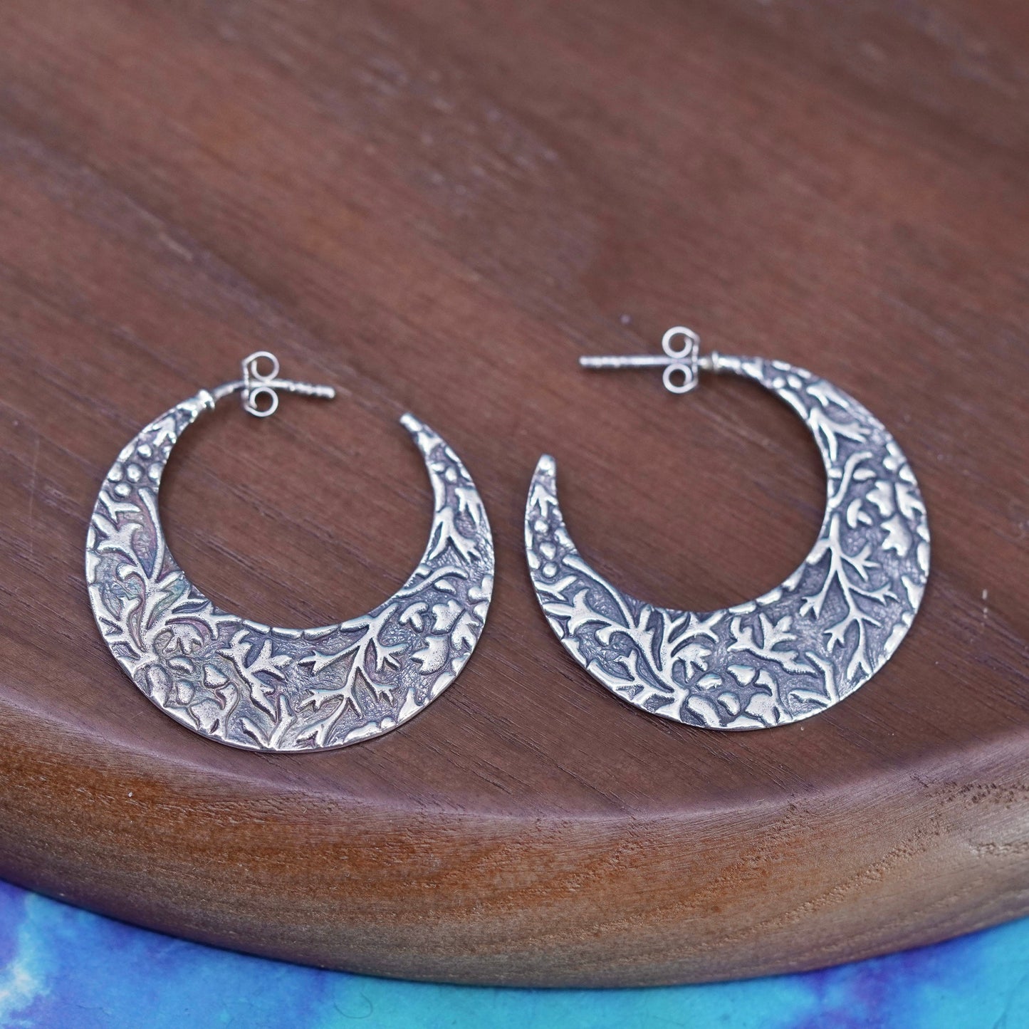 1.25”, vintage Sterling silver handmade earrings, textured 925 huggie studs