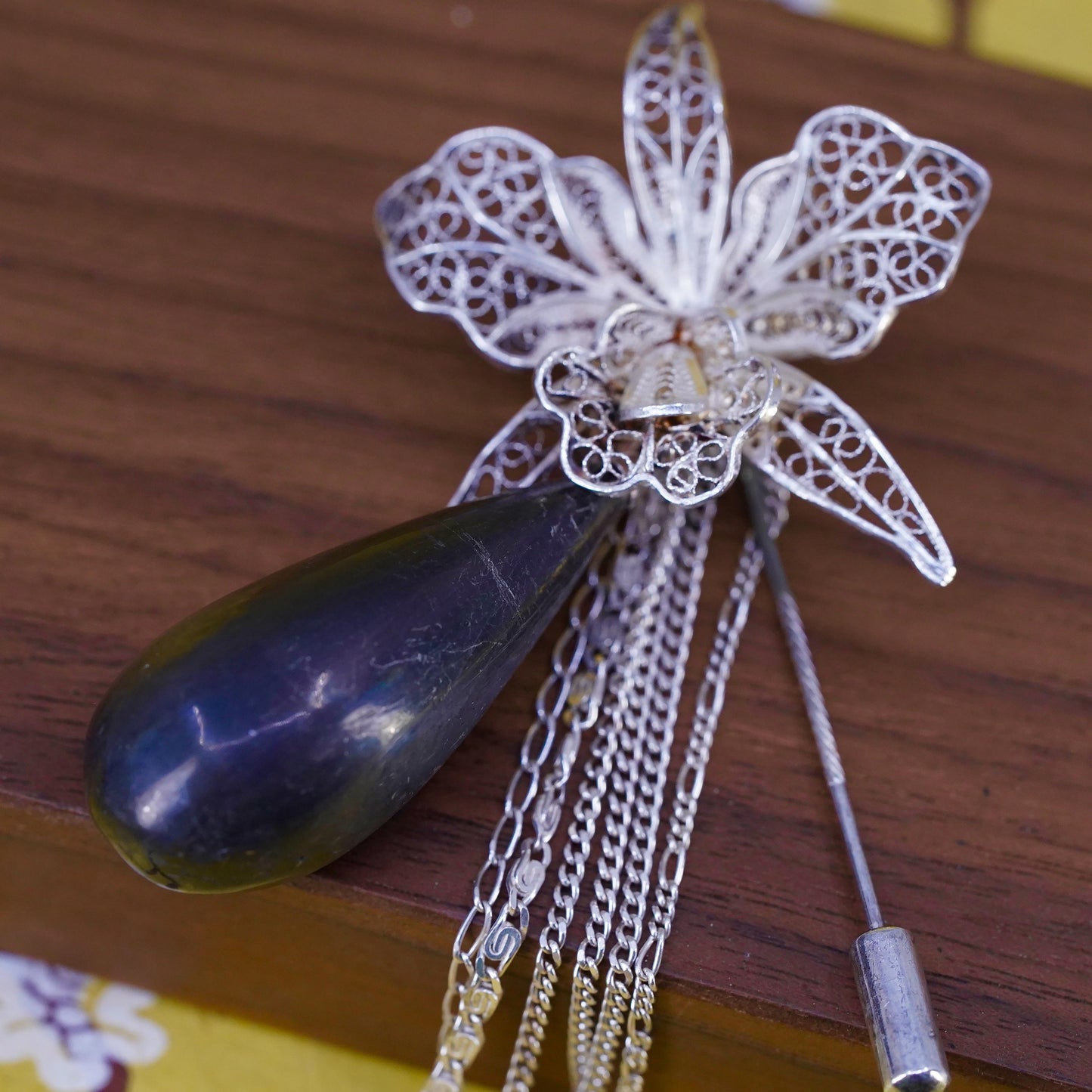 VTG sterling 925 silver filigree lily flower pin brooch teardrop gray tiger eye