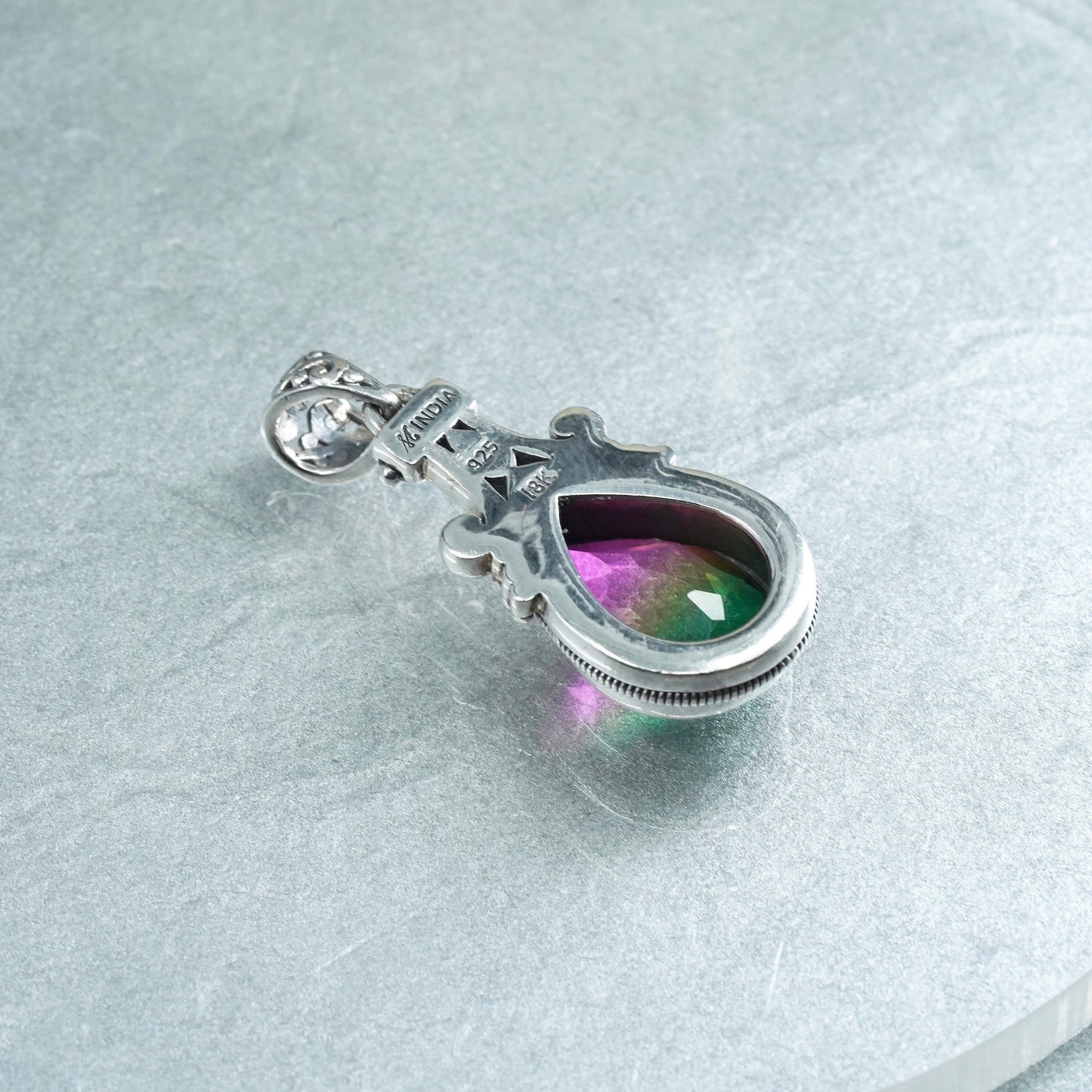 Vintage 18K sterling silver 925 teardrop pendant with rainbow topaz, stamped 925 18K