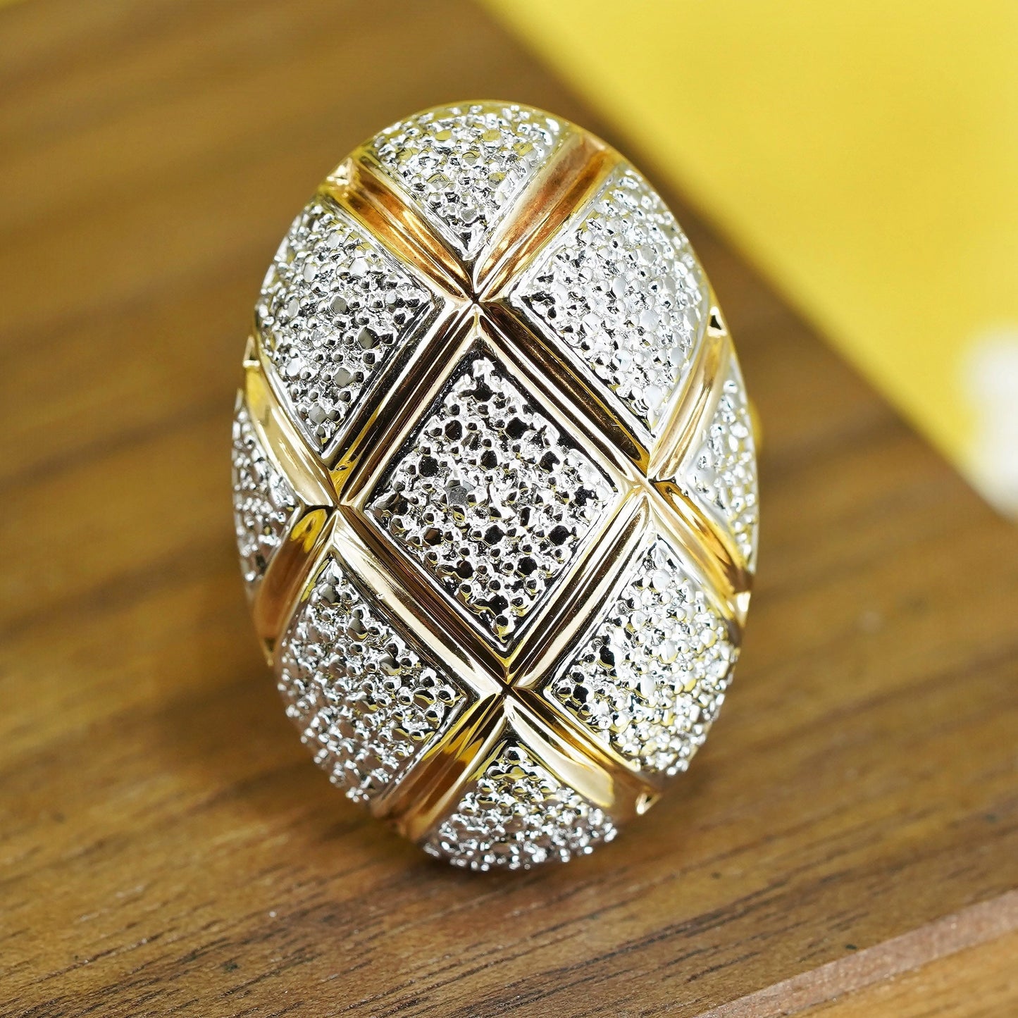 Size 6, two tone gold Sterling silver 925 cocktail filigree oval ring W diamond