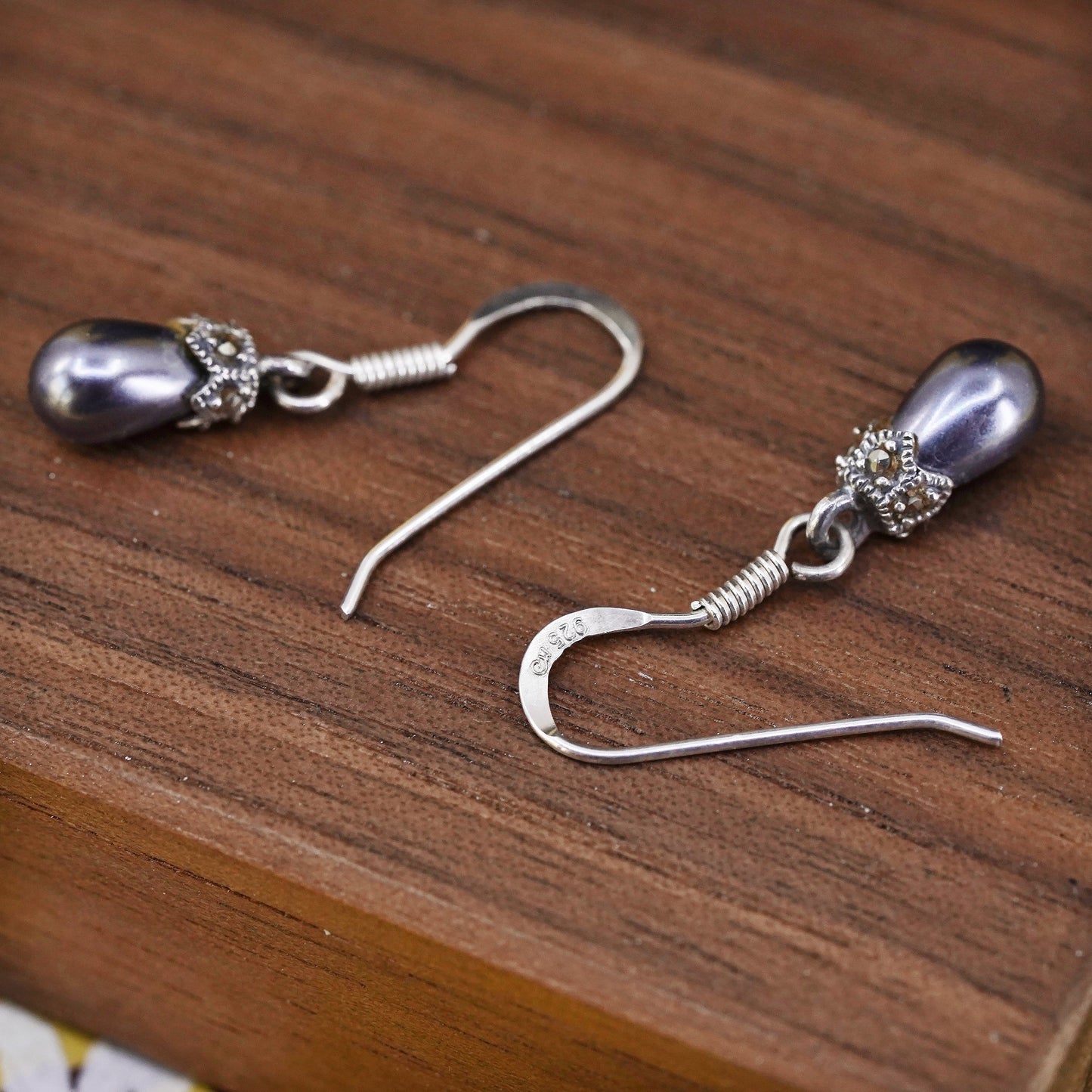 Vintage Sterling 925 silver handmade earrings with black pearl