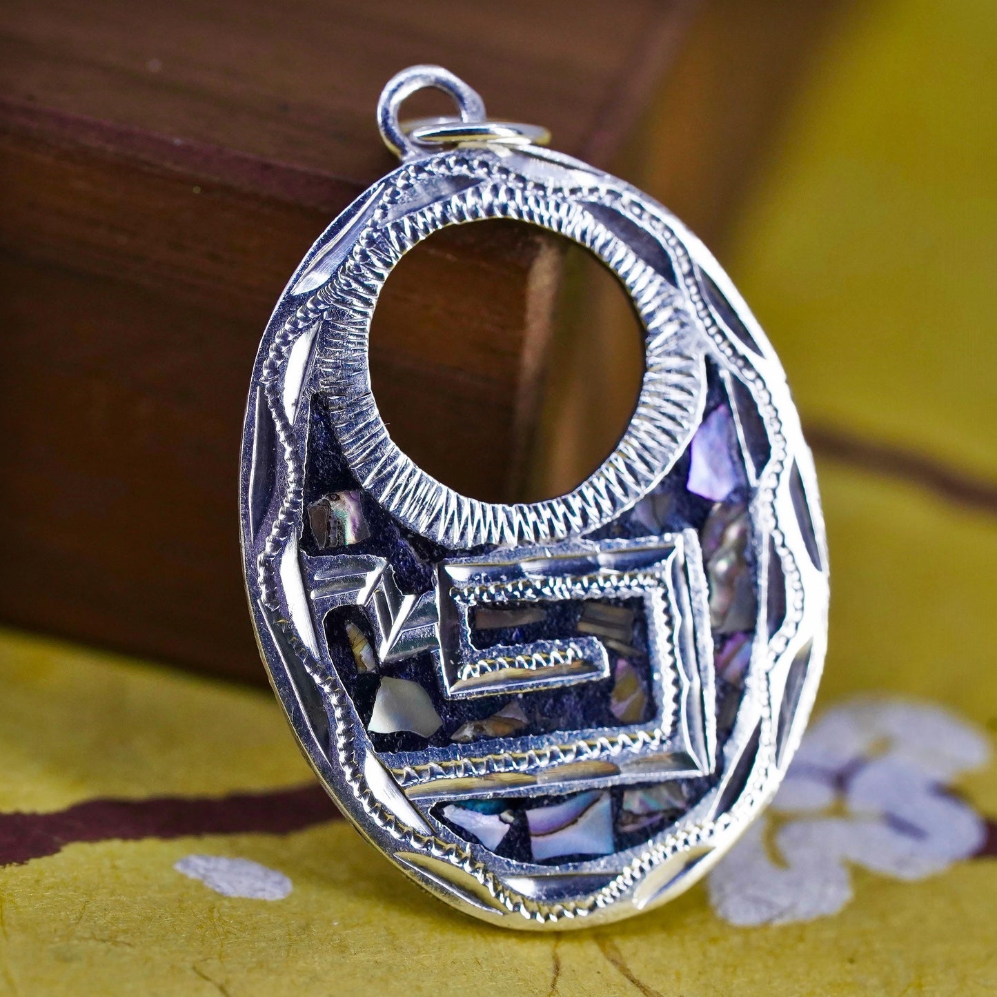 Vintage Sterling 925 silver handmade pendant with abalone inlay