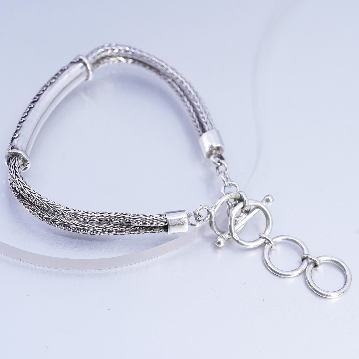 7+1.5", Sterling Silver Bracelet, 925 Double Wheat Chain bar, 12M rose gold