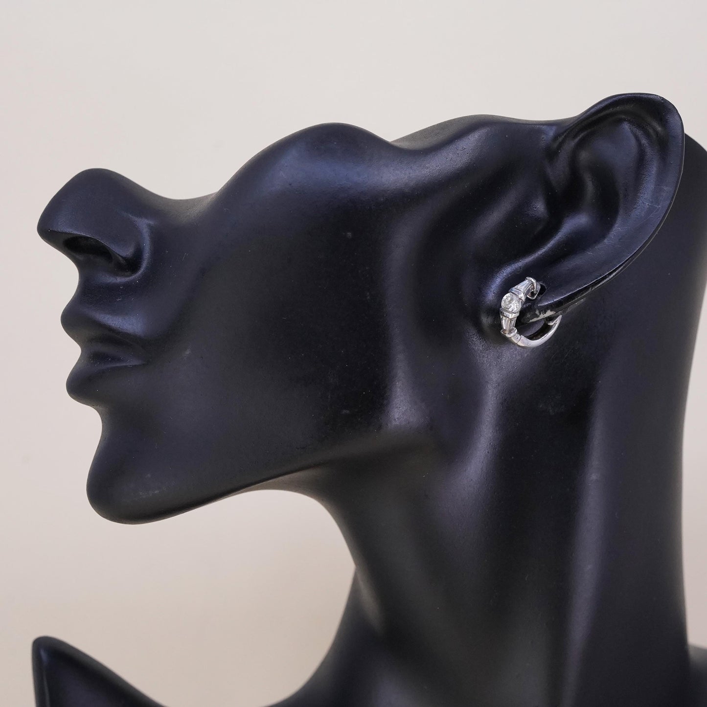 0.5", Vintage sterling silver loop single earring, minimalist hoop with cz