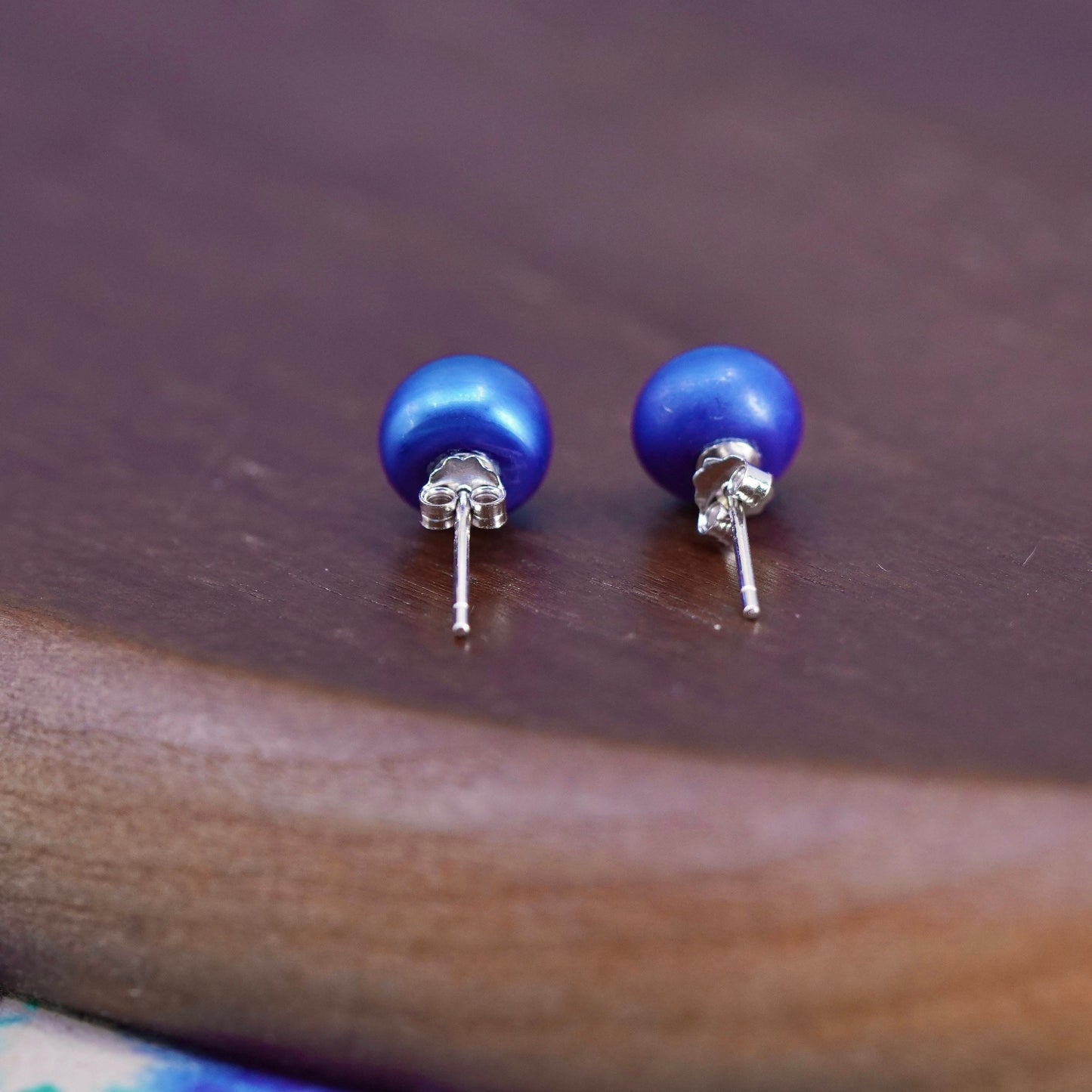 7mm, Sterling 925 silver with blue freshwater pearl studs earrings