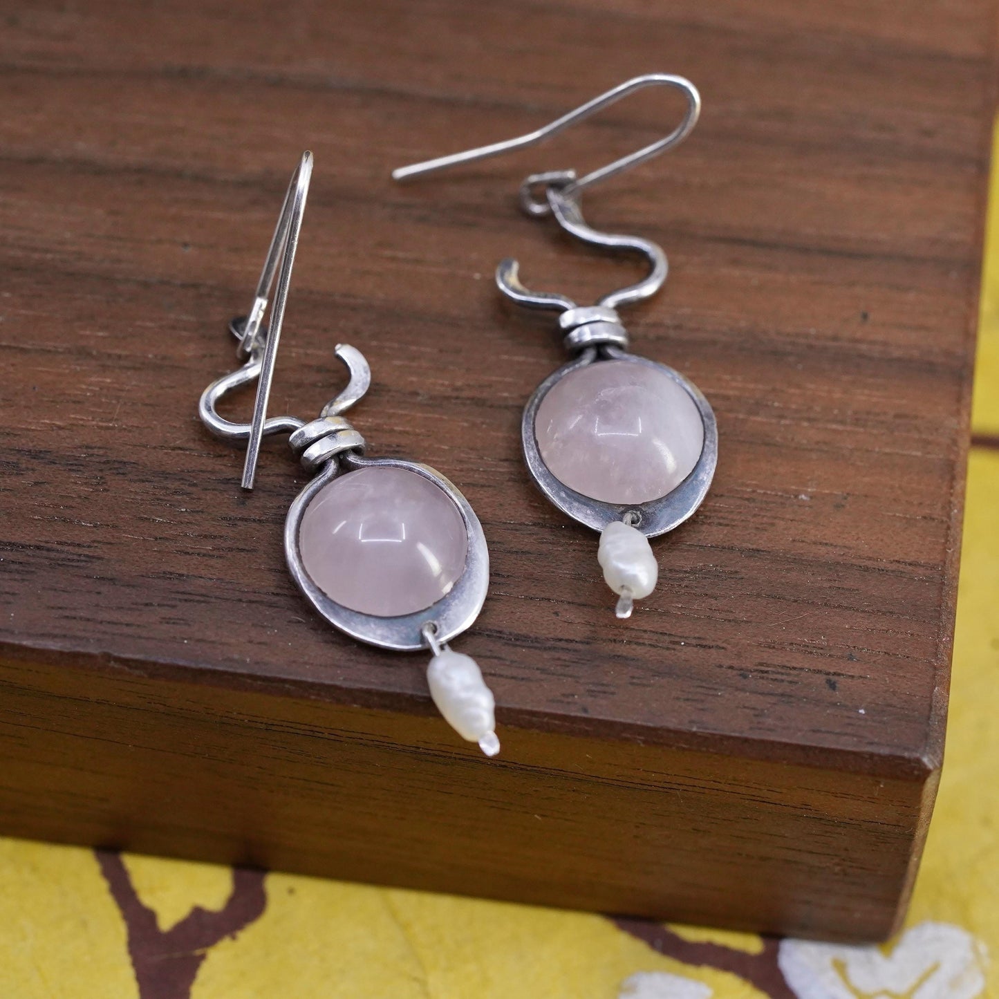 Vintage Sterling Silver Earrings, Pink Rose Quartz Pearl Drop, Handmade 925