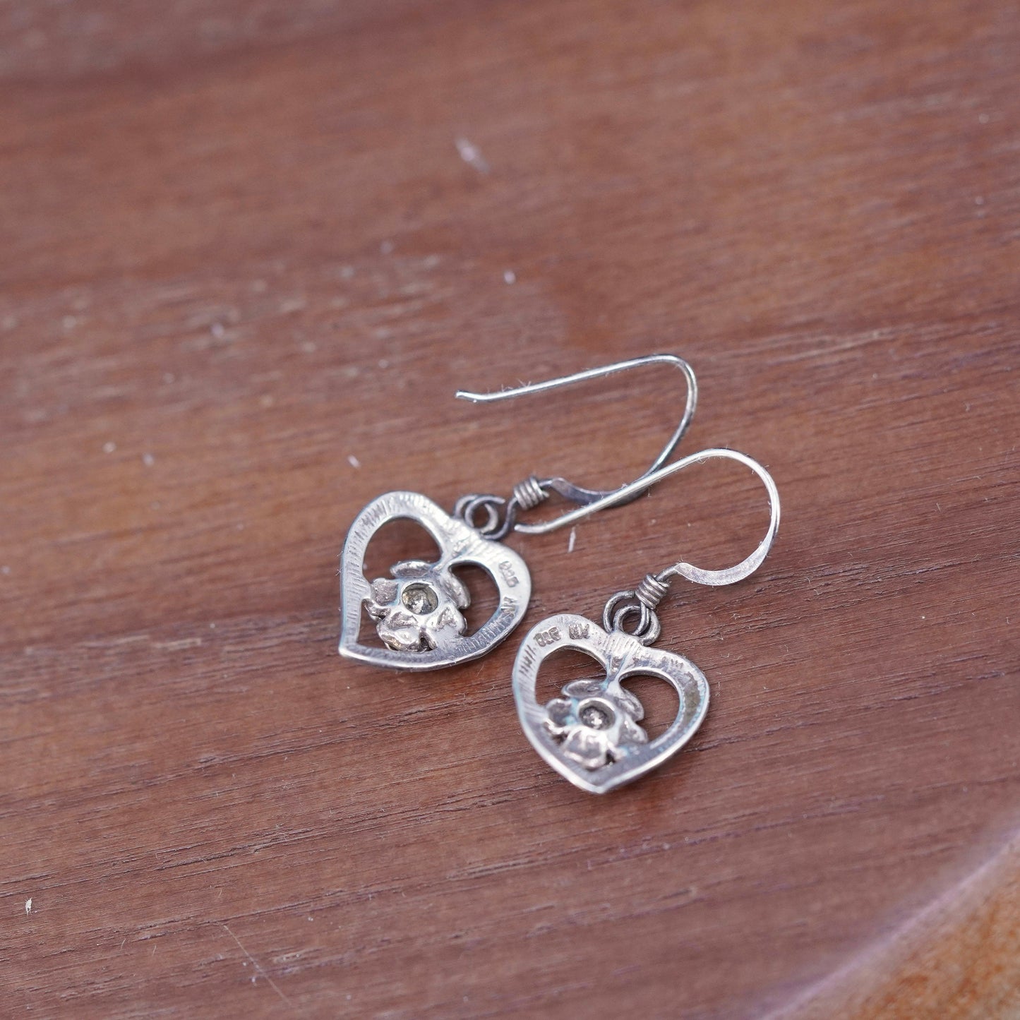 Vintage Sterling silver handmade earrings, 925 heart drops with rose flower