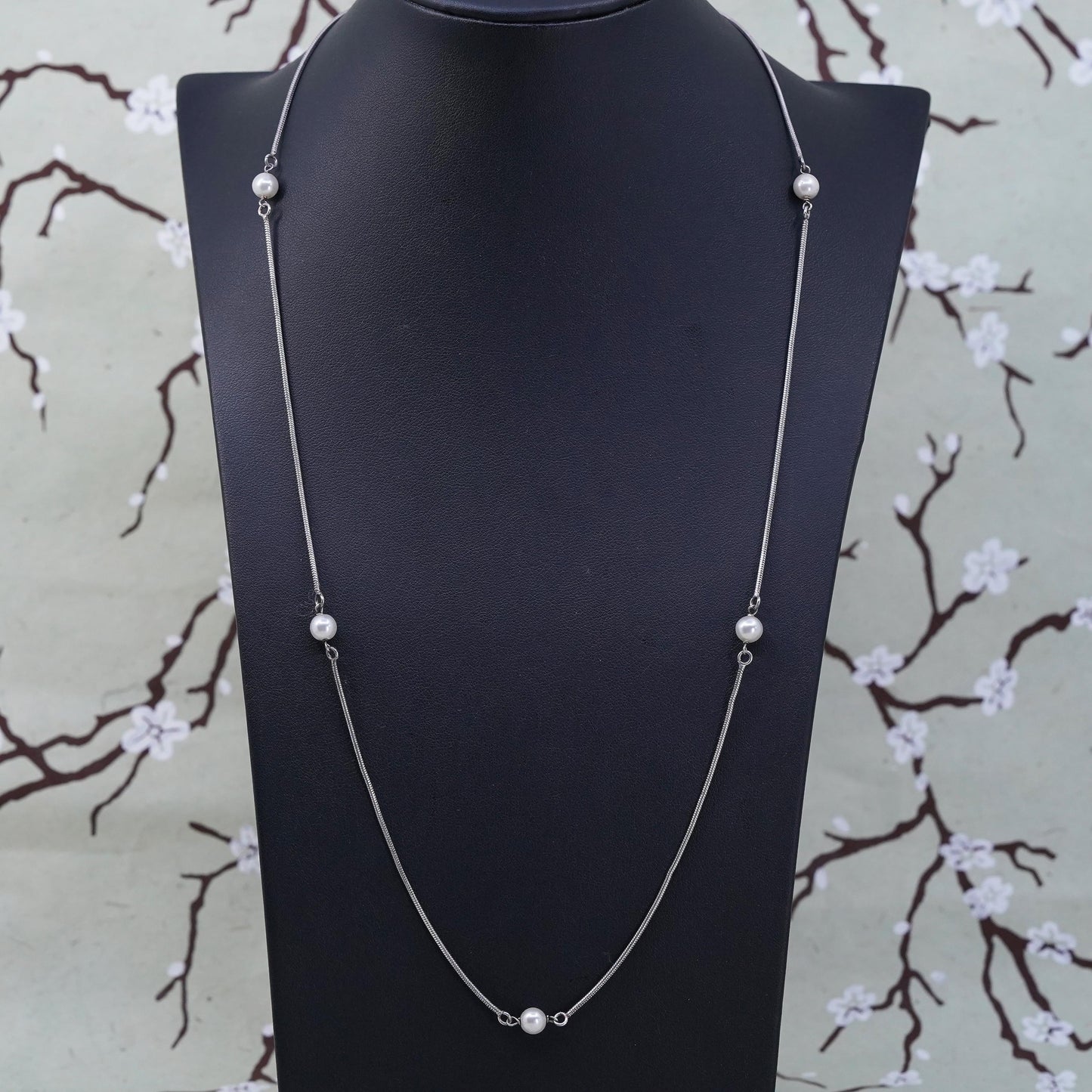 24", Vintage sterling silver necklace, white pearl beads w/ snake silver chain