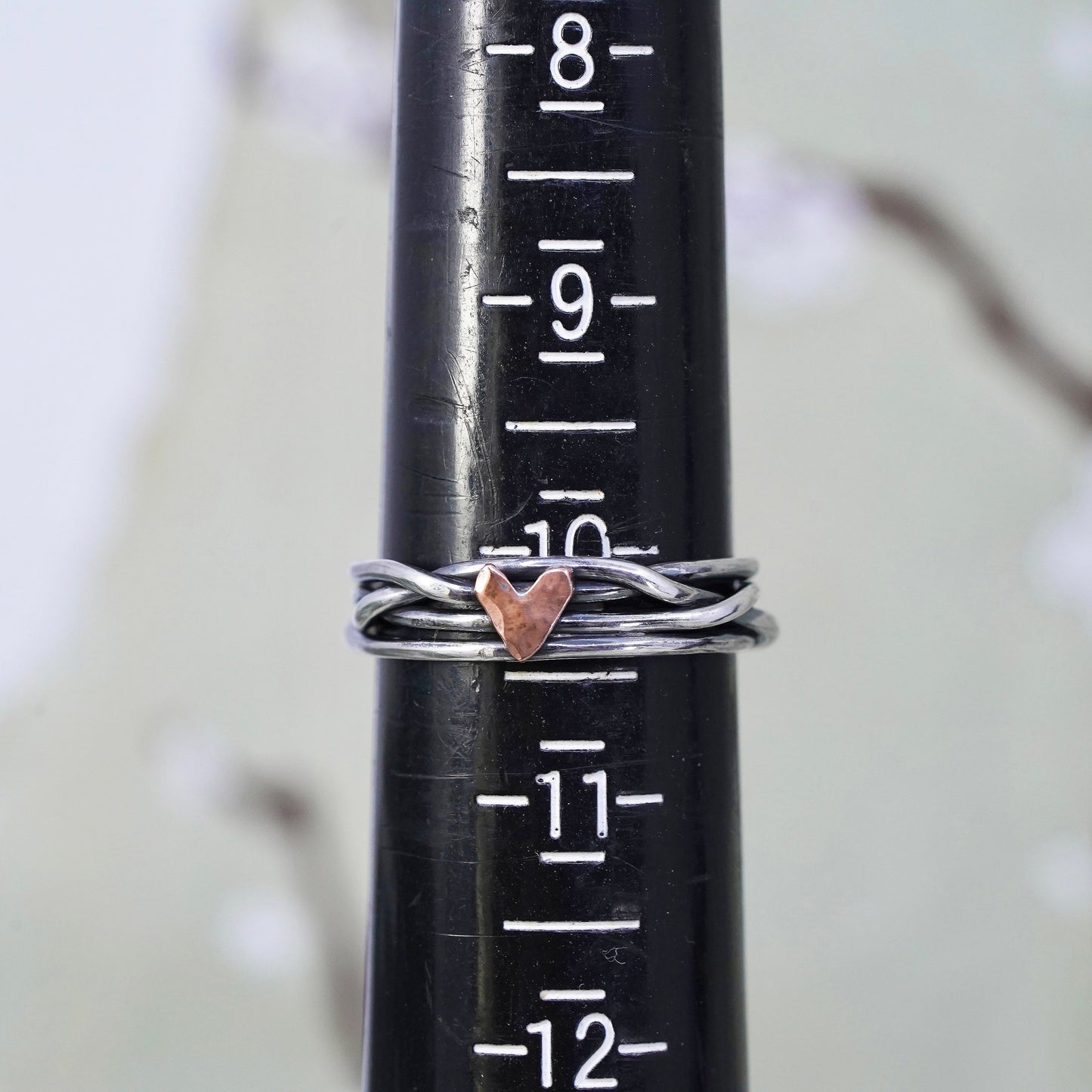 Size 10, two tone sterling silver entwined ring, 925 multiple band copper heart