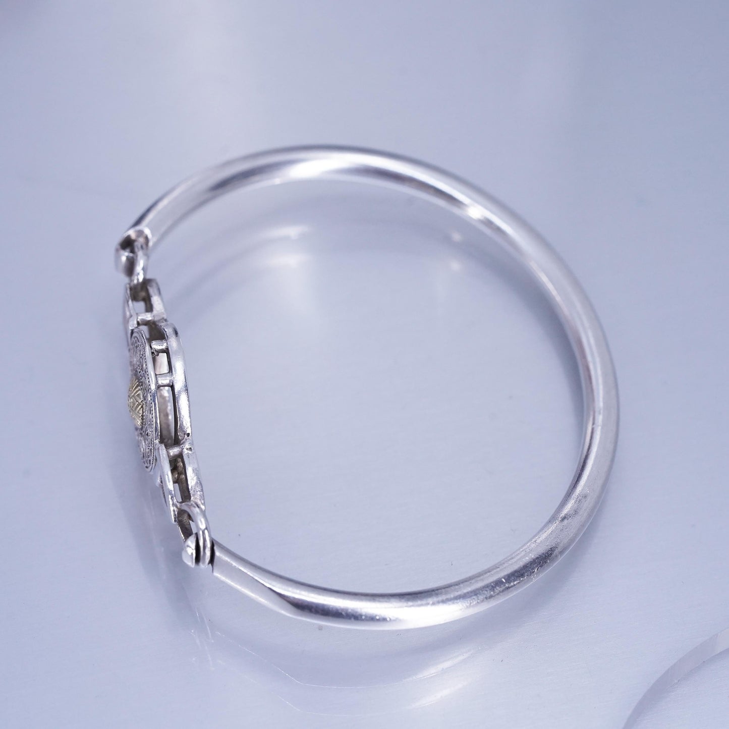 7”, two tone Irish Sterling 925 silver bracelet, hinged bangle 14K yellow gold