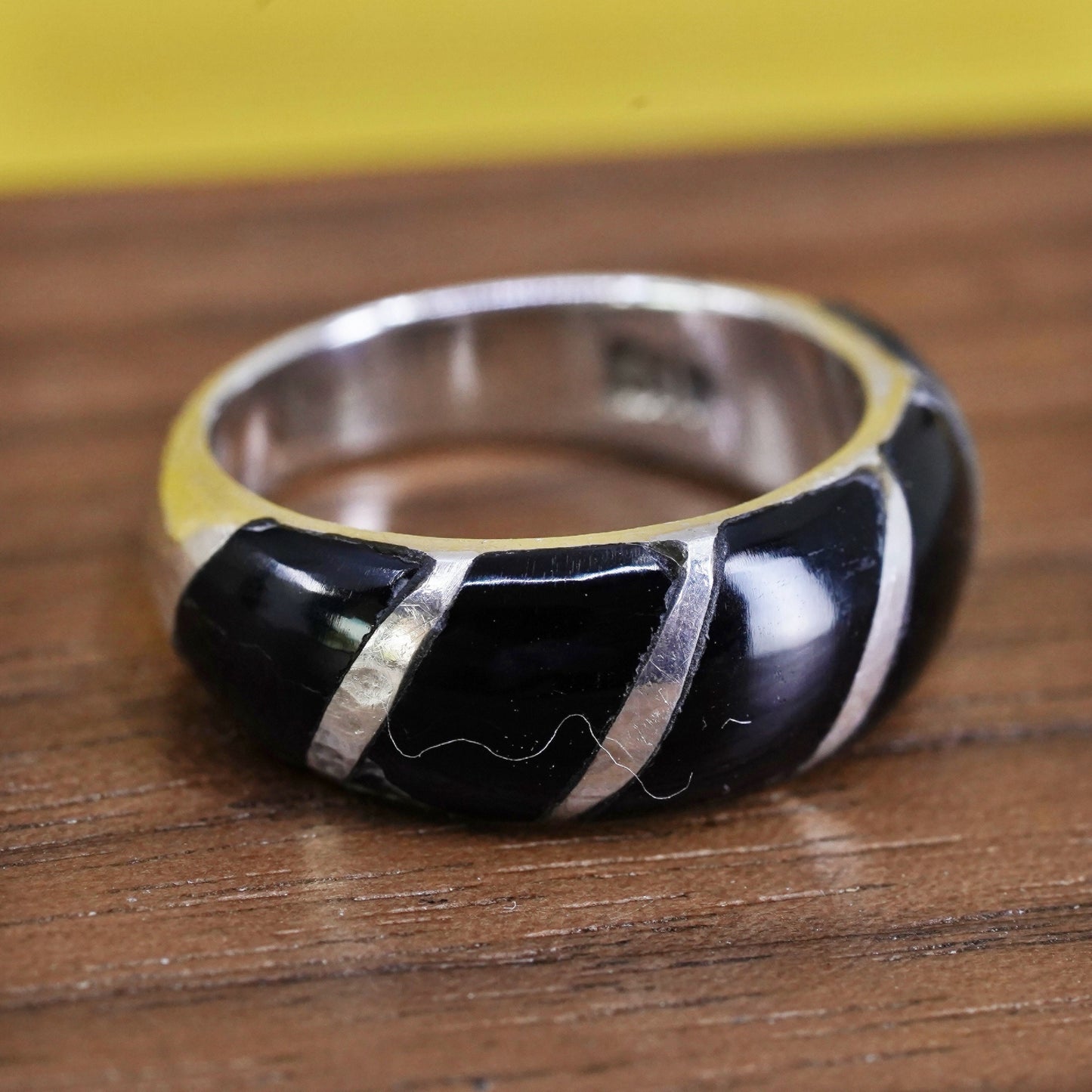 Size 5, vintage Sterling 926 silver handmade ring band with obsidian