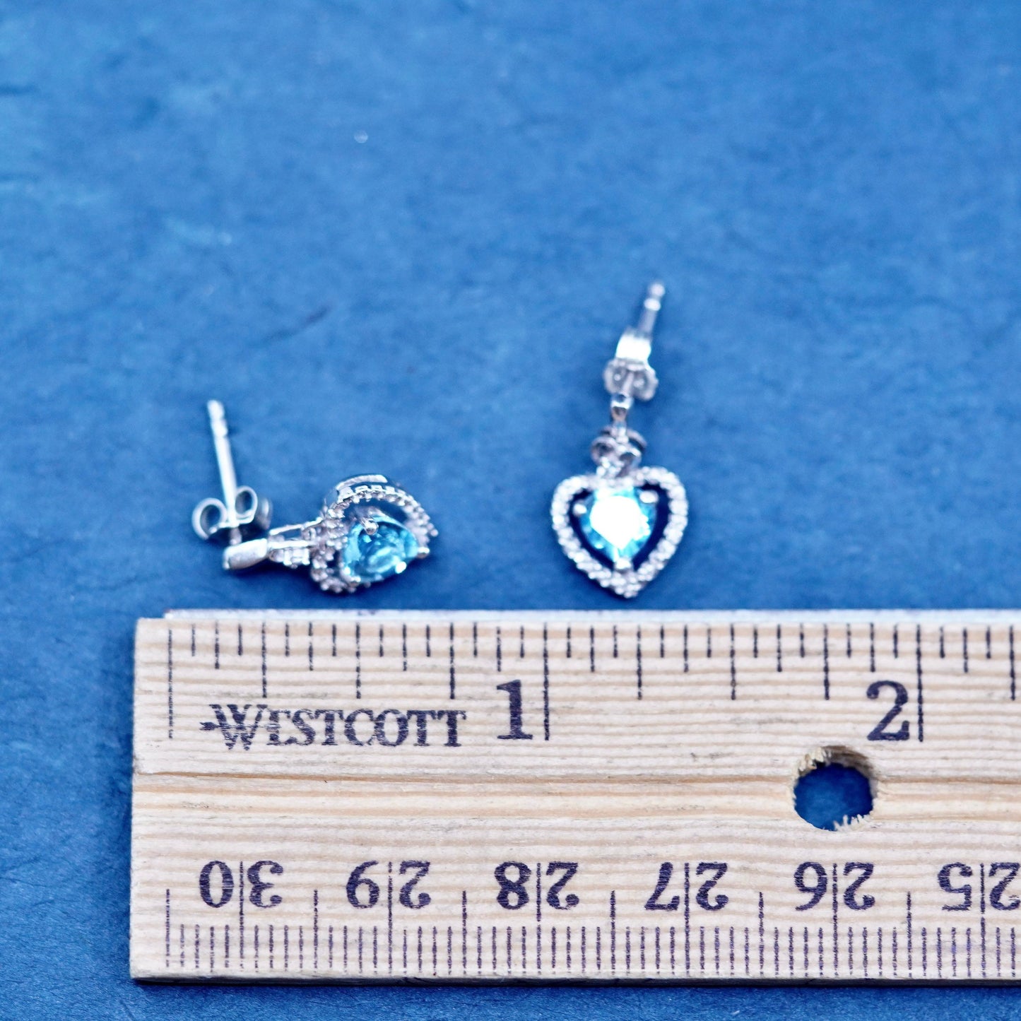 Vintage sterling 925 silver handmade heart earrings with blue topaz and cz