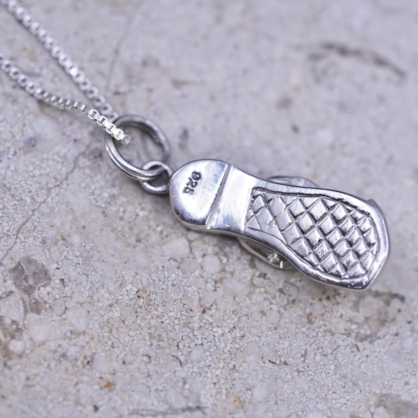 18", vintage Sterling silver necklace, 925 box chain blue enamel sandal pendant