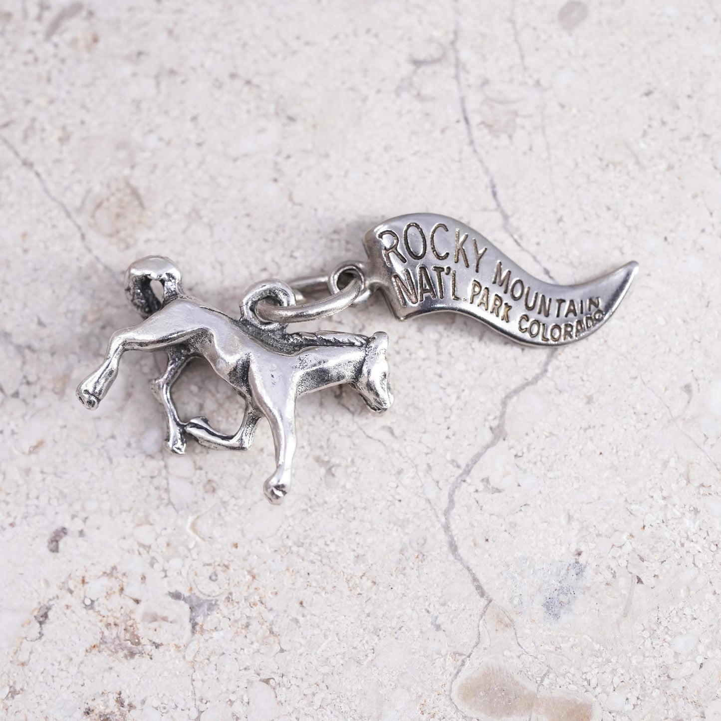 sterling silver pendant, 925 horse charm with Rocky Mountain national park tag