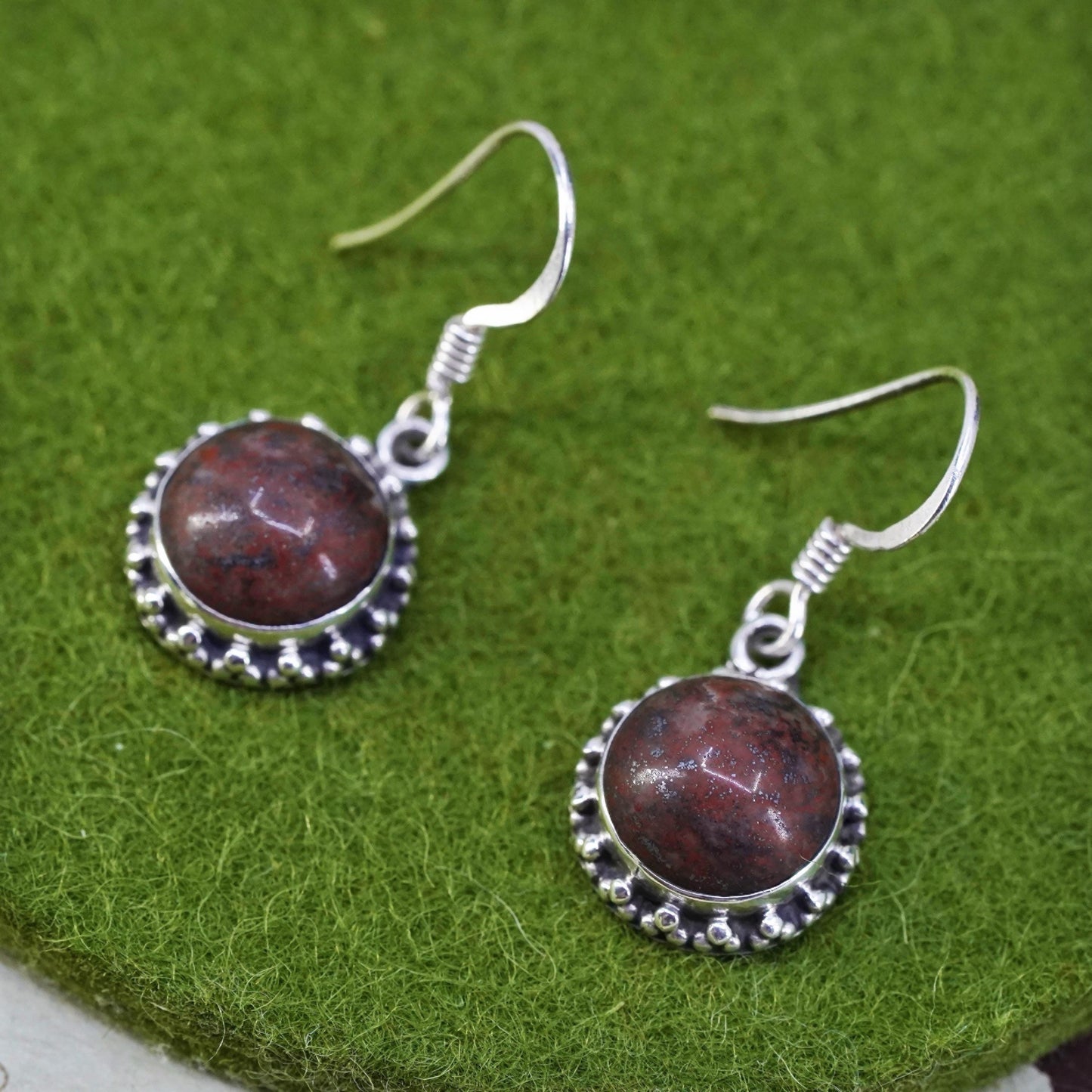 Vintage Sterling 925 silver handmade earrings with circle red jasper drops