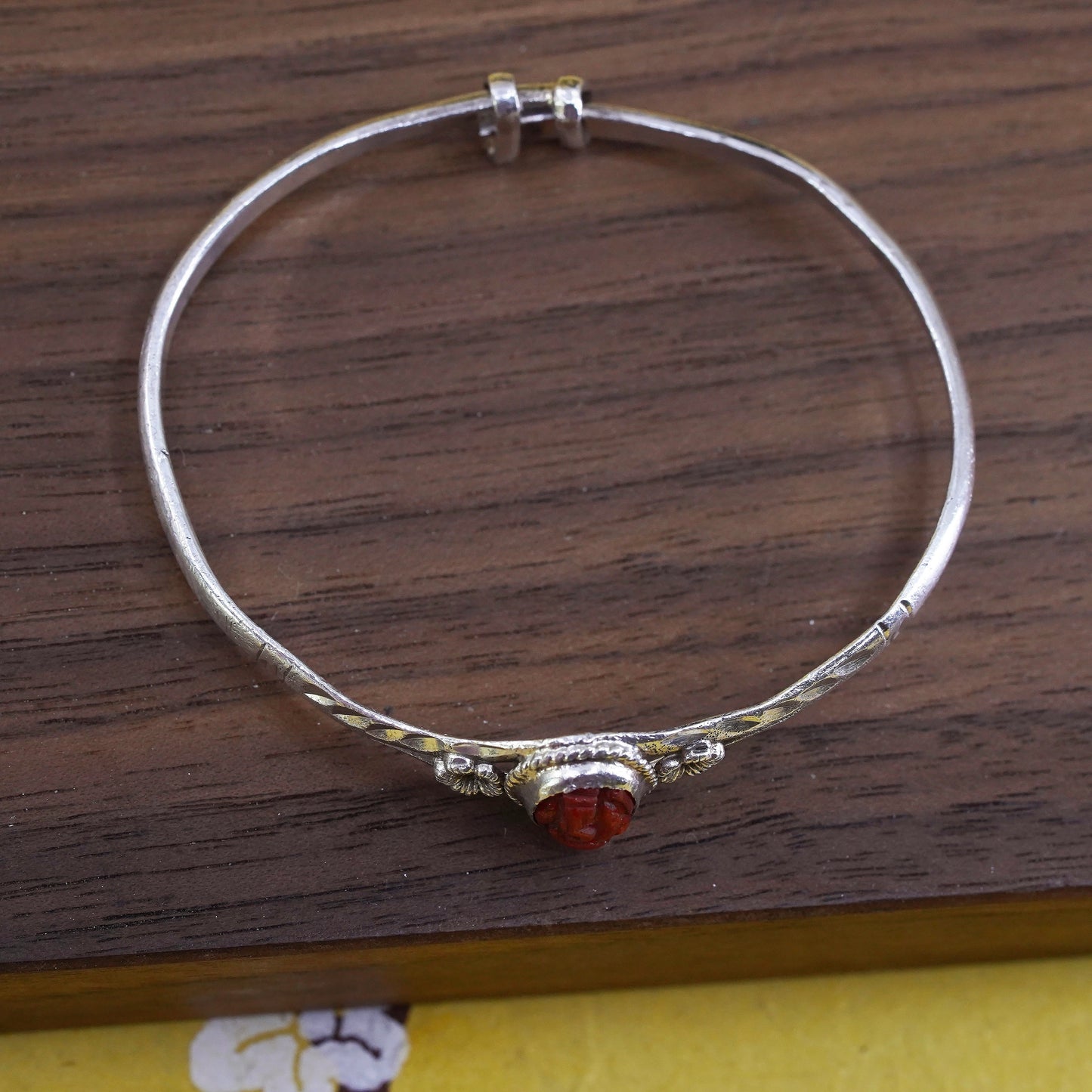 Vintage Sterling silver handmade bracelet, 925 baby bangle with carved cinnabar