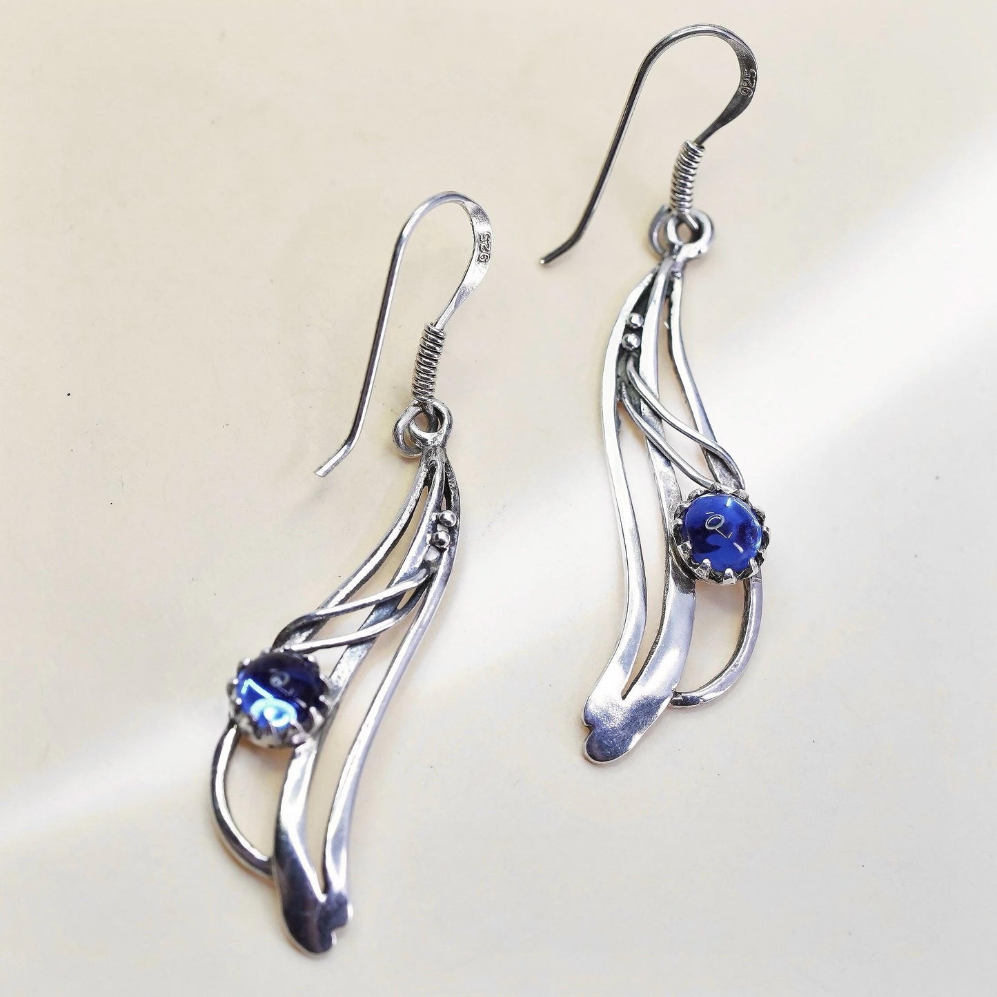 Vintage Sterling silver handmade earrings, 925 wavy drops with blue glass