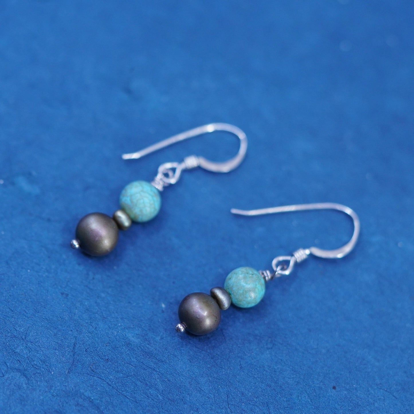 Vintage sterling 925 silver handmade earrings with pearl turquoise beads