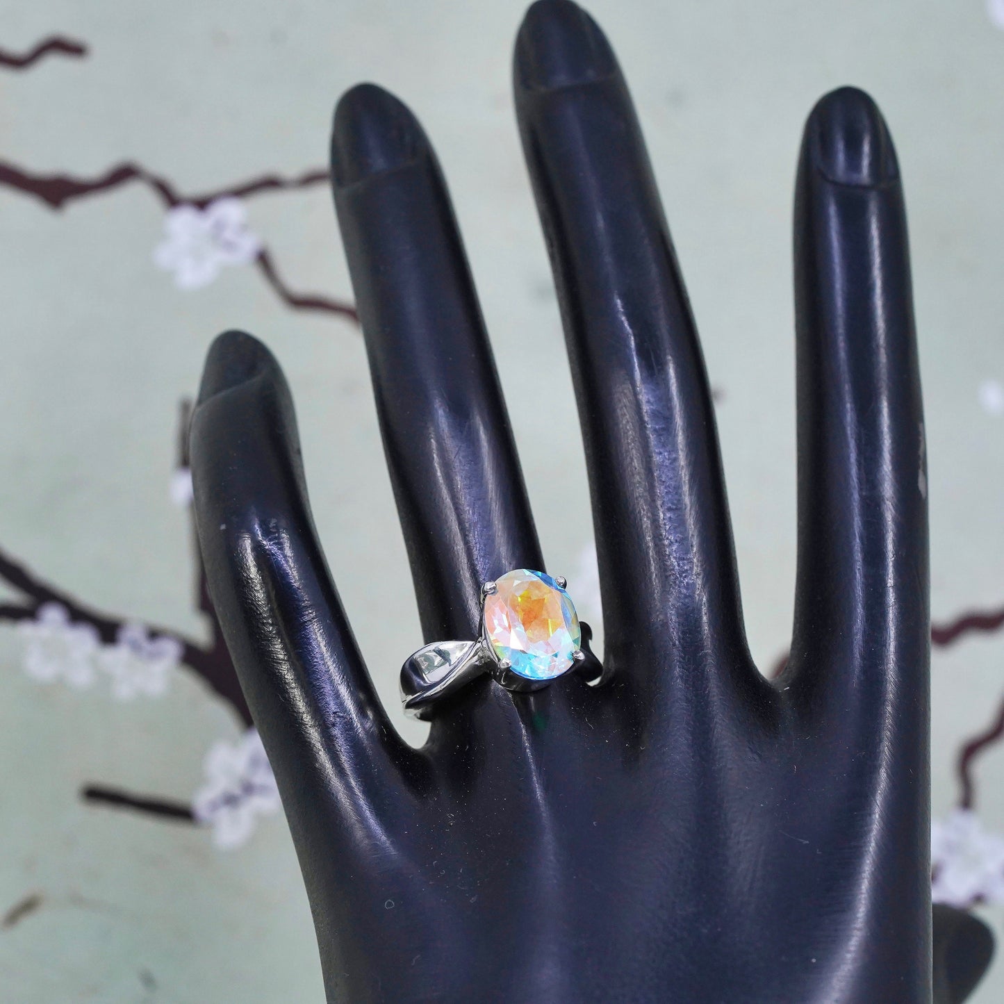 Size 7.75, vintage Badavici Sterling 925 silver handmade ring rainbow tavalite