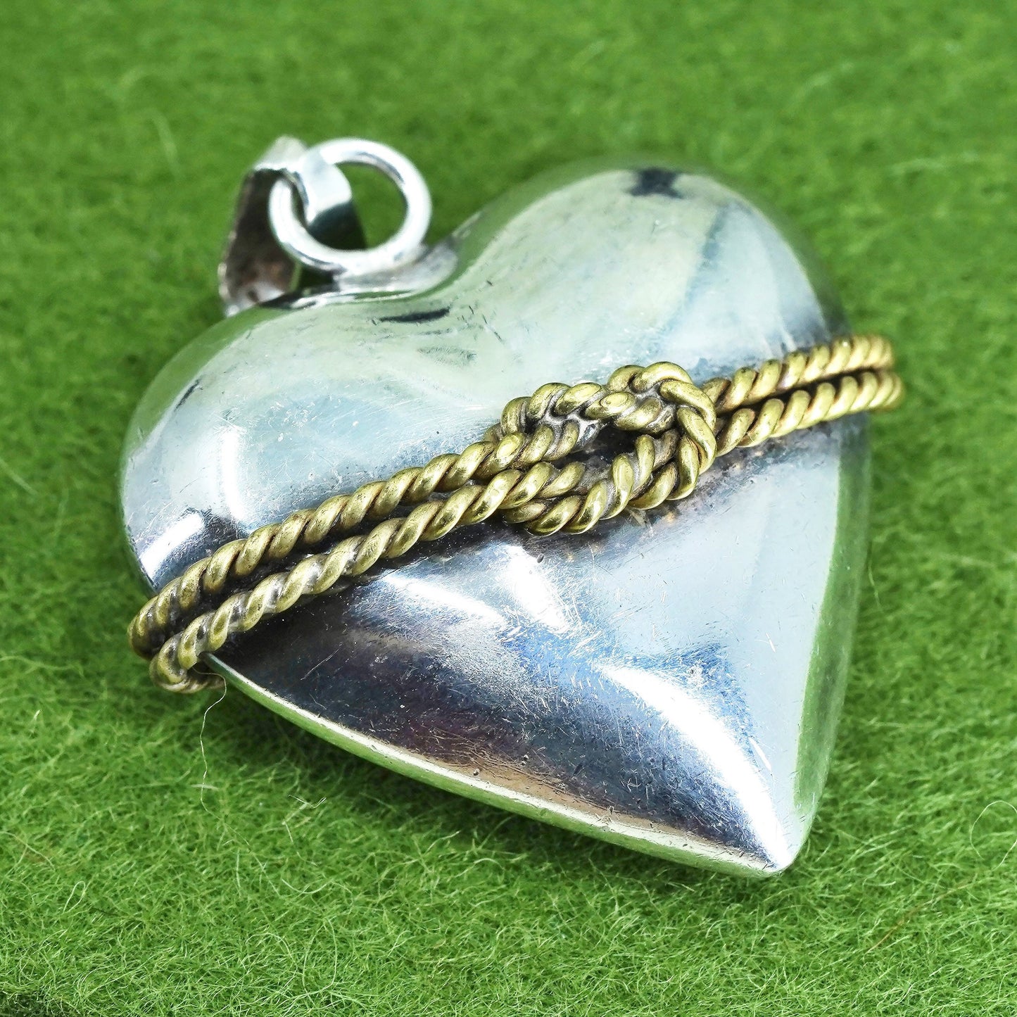 Vintage two tone sterling silver puffy heart w/ brass around, 925 charm pendant